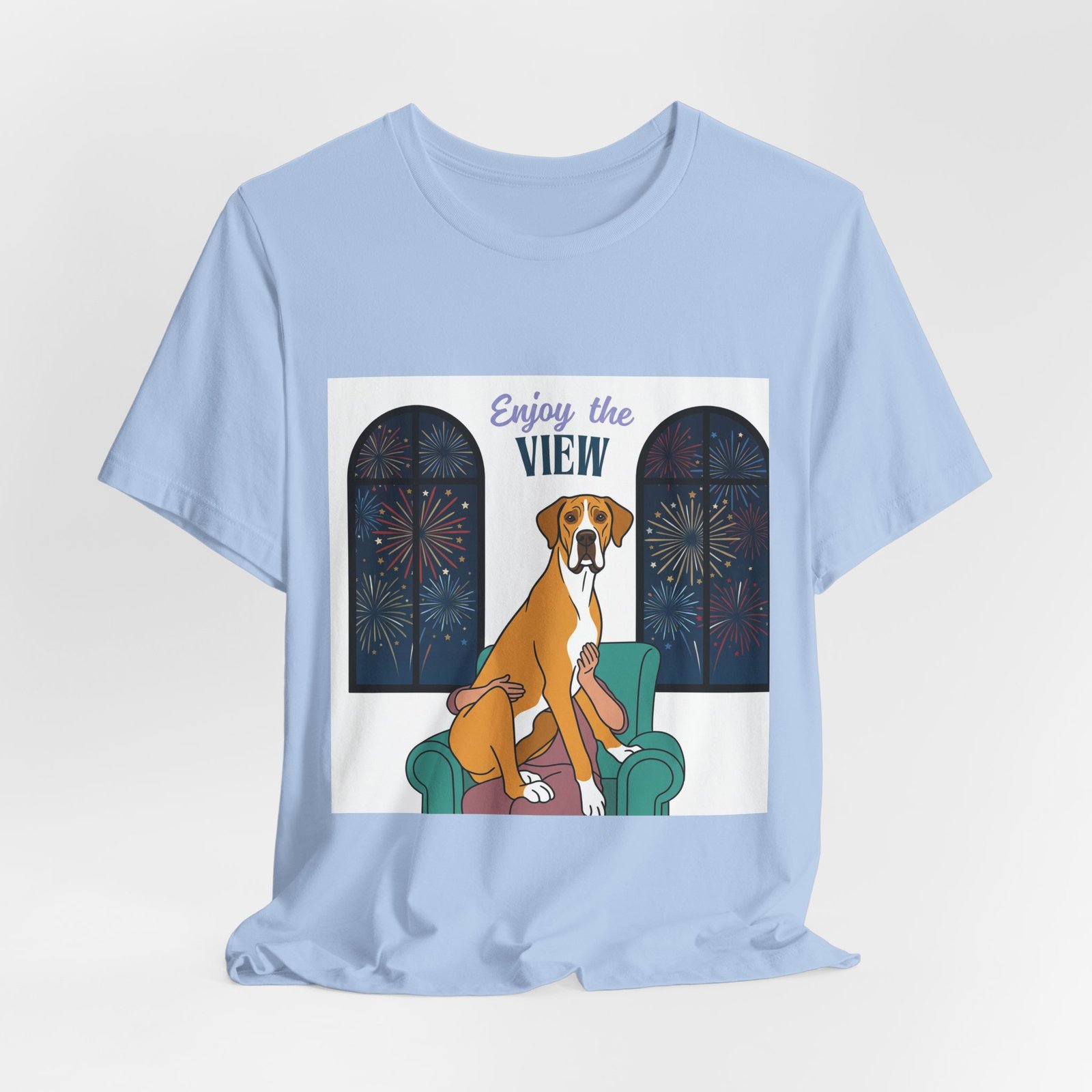 Fawn Mantle Great Dane Enjoy the View T-Shirt — Dog Watching Fireworks Graphic Tee - Image 44