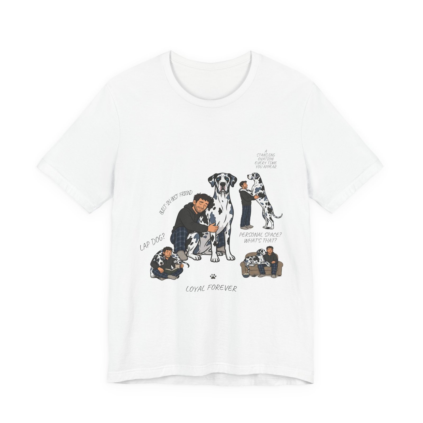 Blue and Black Merlequin with blue eyes Great Danes Illustrated Tee — "Men + Great Danes" Graphic T-Shirt - Image 6