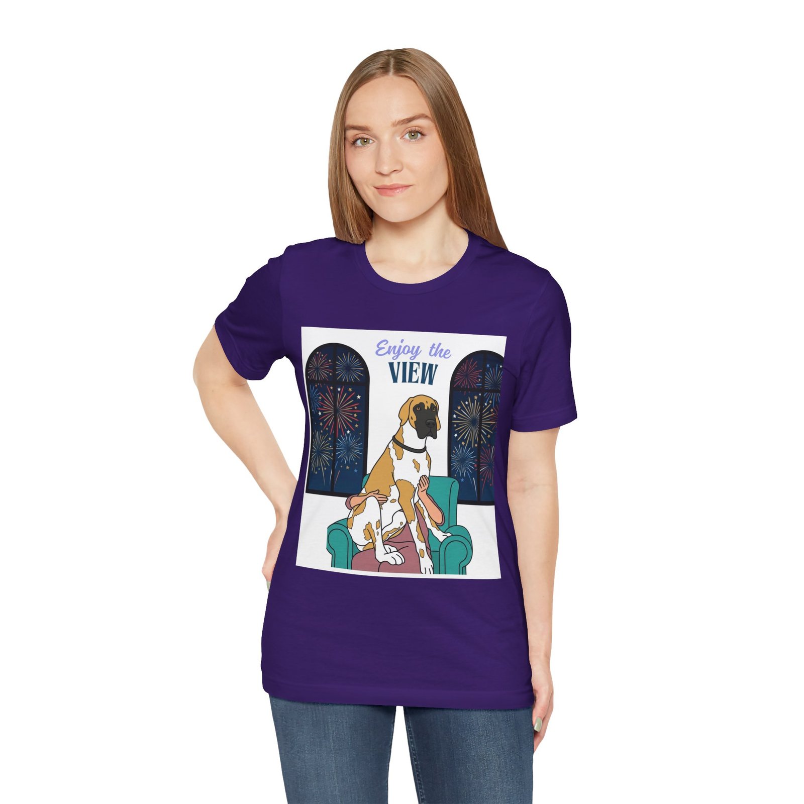 Fawnequin Great Dane Enjoy the View T-Shirt — Dog Watching Fireworks Graphic Tee - Image 55