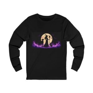 Black Great Dane, Black Cat, Beautiful Witch Silhouette Moon Long Sleeve Tee (Up to 2x) — Halloween Purple Flame Design