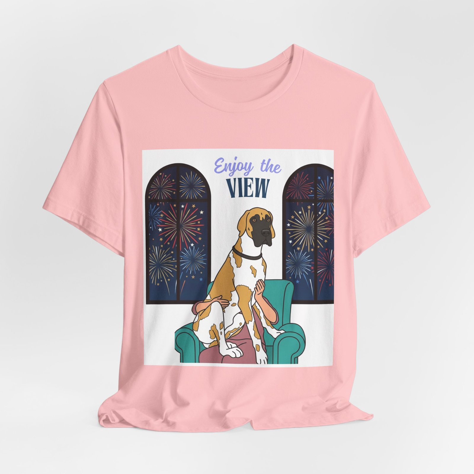 Fawnequin Great Dane Enjoy the View T-Shirt — Dog Watching Fireworks Graphic Tee - Image 64
