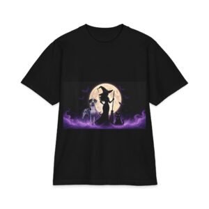 Black & Blue Merelequin Great Dane Her Familiars, up to 7x, Heavy T Shirt, Cat, Witch Silhouette Moon T‑Shirt — Halloween