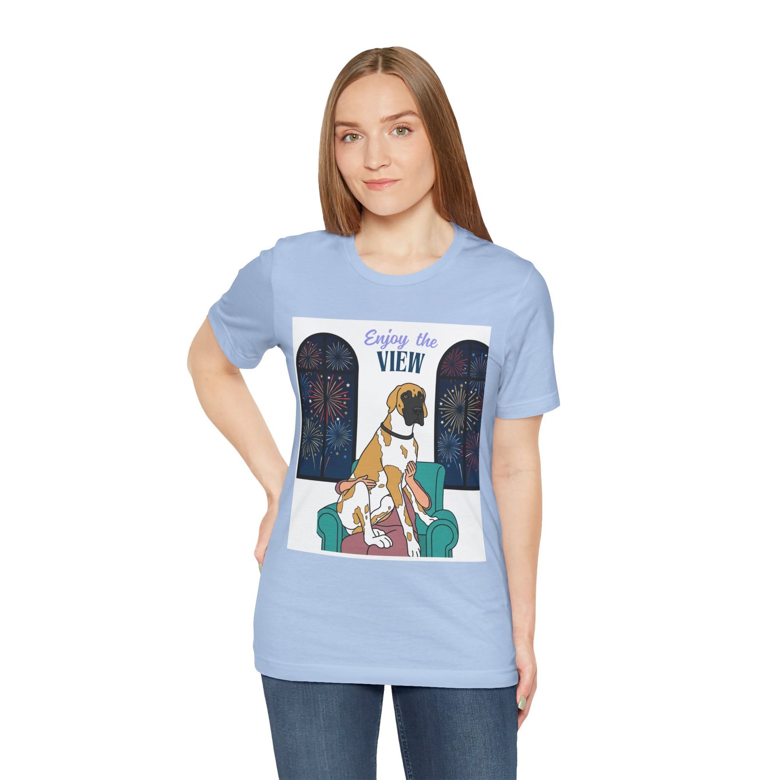 Fawnequin Great Dane Enjoy the View T-Shirt — Dog Watching Fireworks Graphic Tee - Image 45