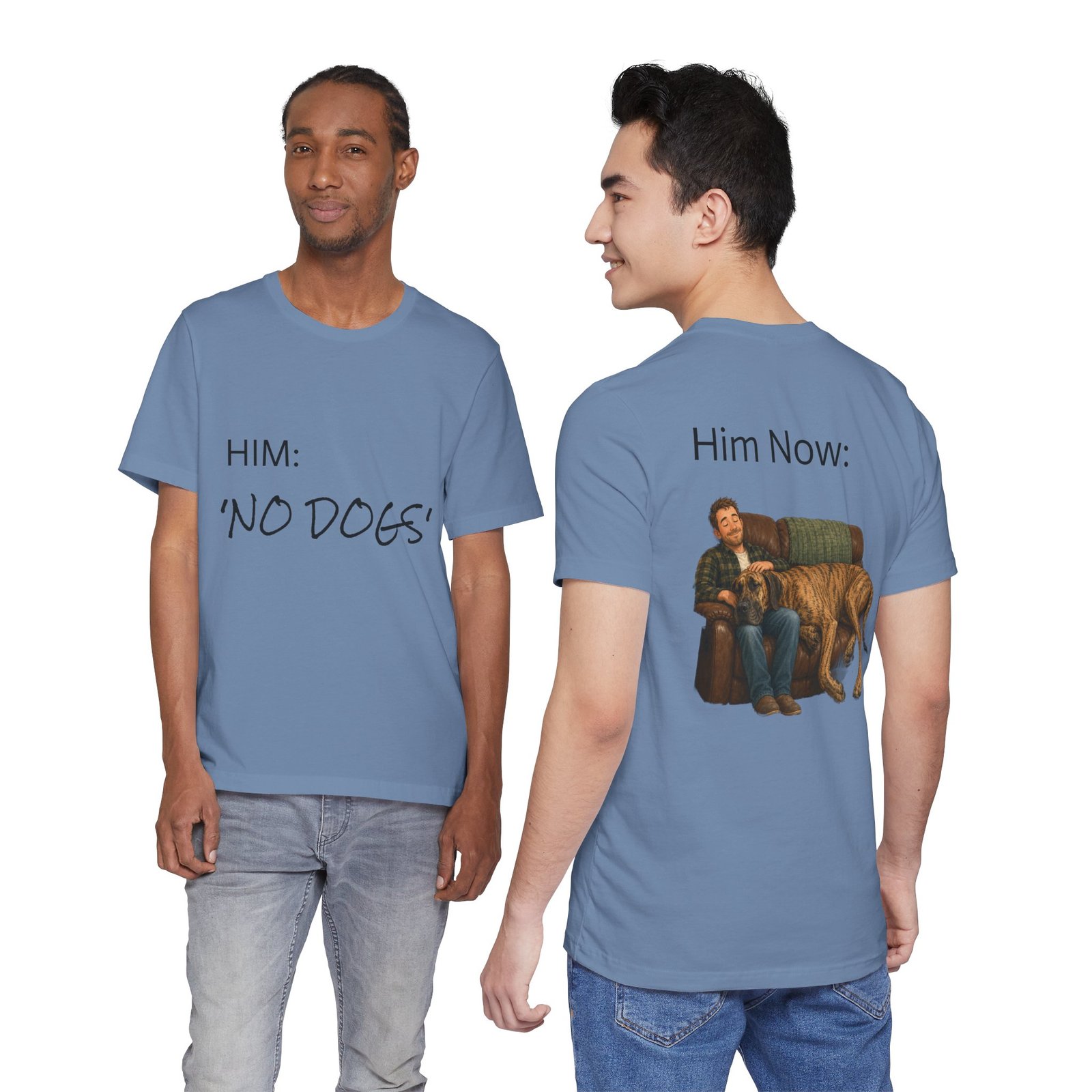 Brindle Great Dane T-Shirt — "NO DOGS" Script Front with Man and Dog on Couch Graphic - Image 6