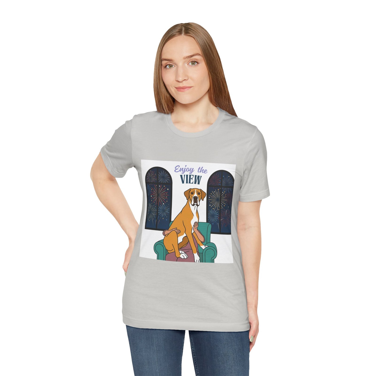 Fawn Mantle Great Dane Enjoy the View T-Shirt — Dog Watching Fireworks Graphic Tee - Image 25