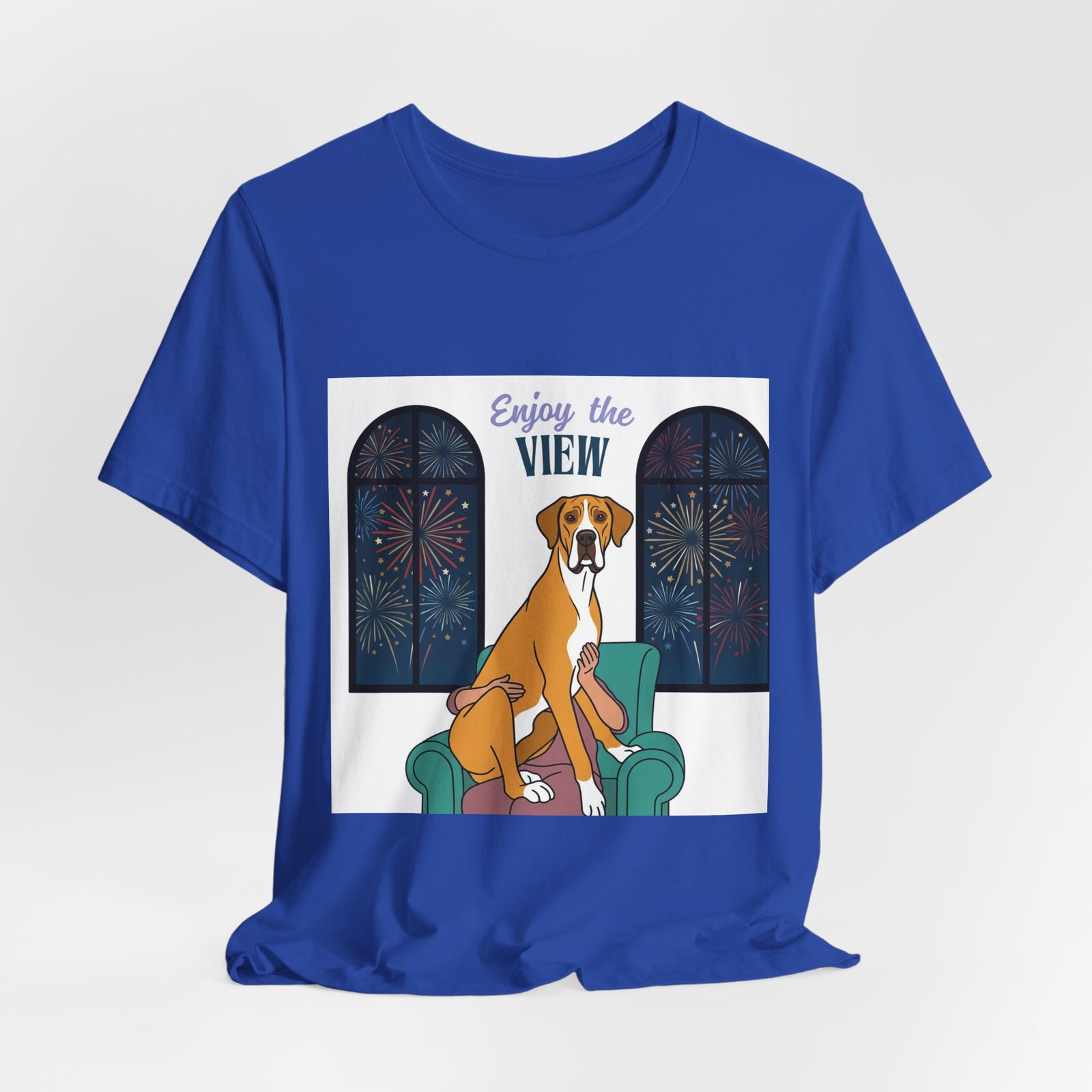 Fawn Mantle Great Dane Enjoy the View T-Shirt — Dog Watching Fireworks Graphic Tee - Image 49
