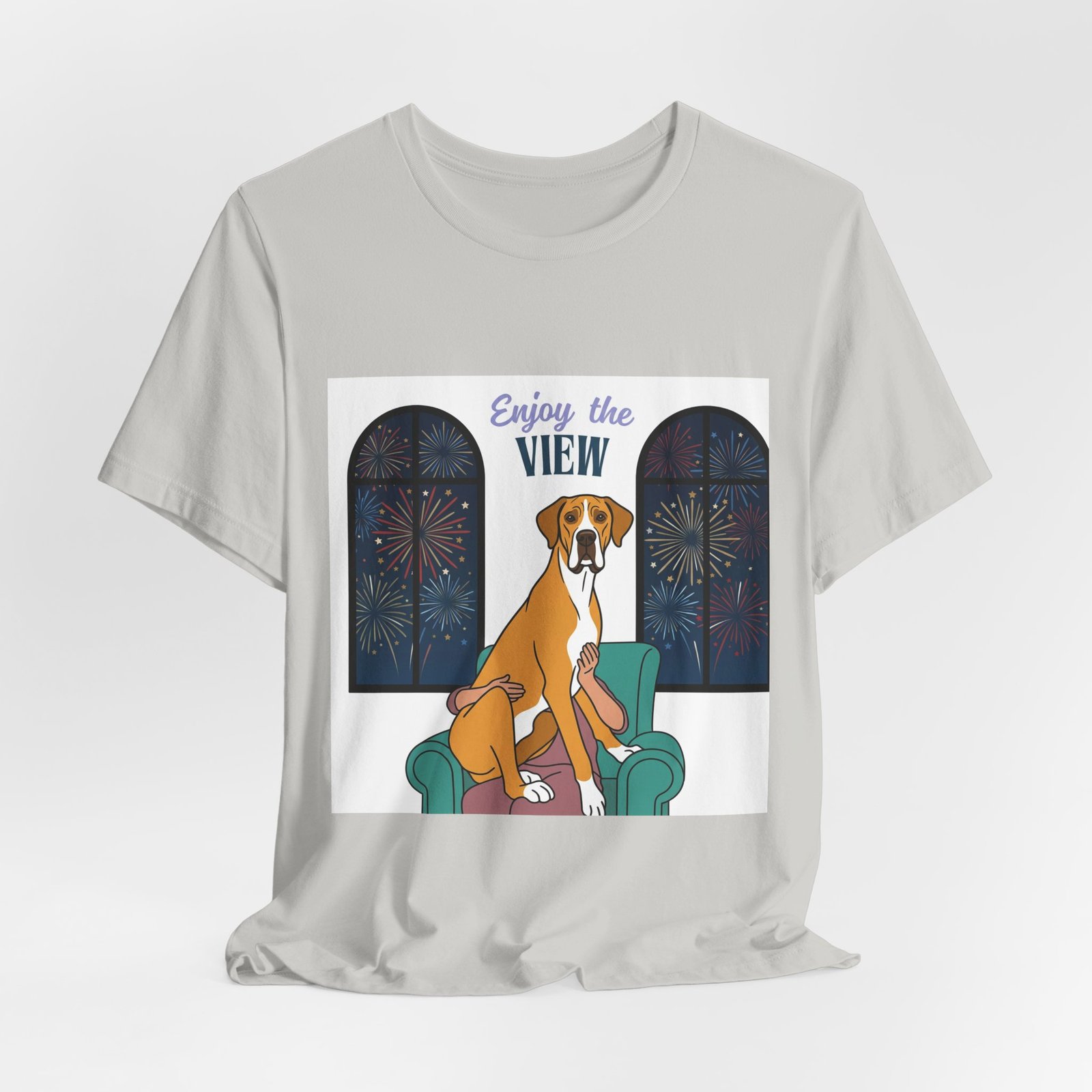 Fawn Mantle Great Dane Enjoy the View T-Shirt — Dog Watching Fireworks Graphic Tee - Image 24