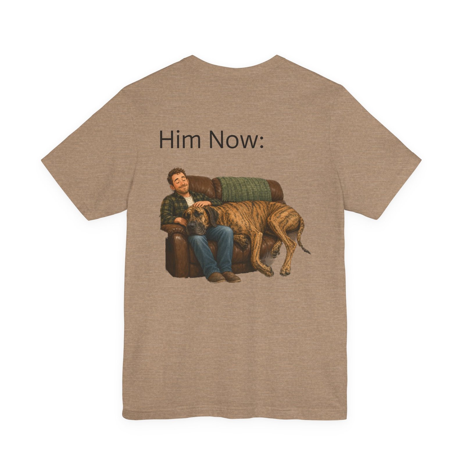 Brindle Great Dane T-Shirt — "NO DOGS" Script Front with Man and Dog on Couch Graphic - Image 27
