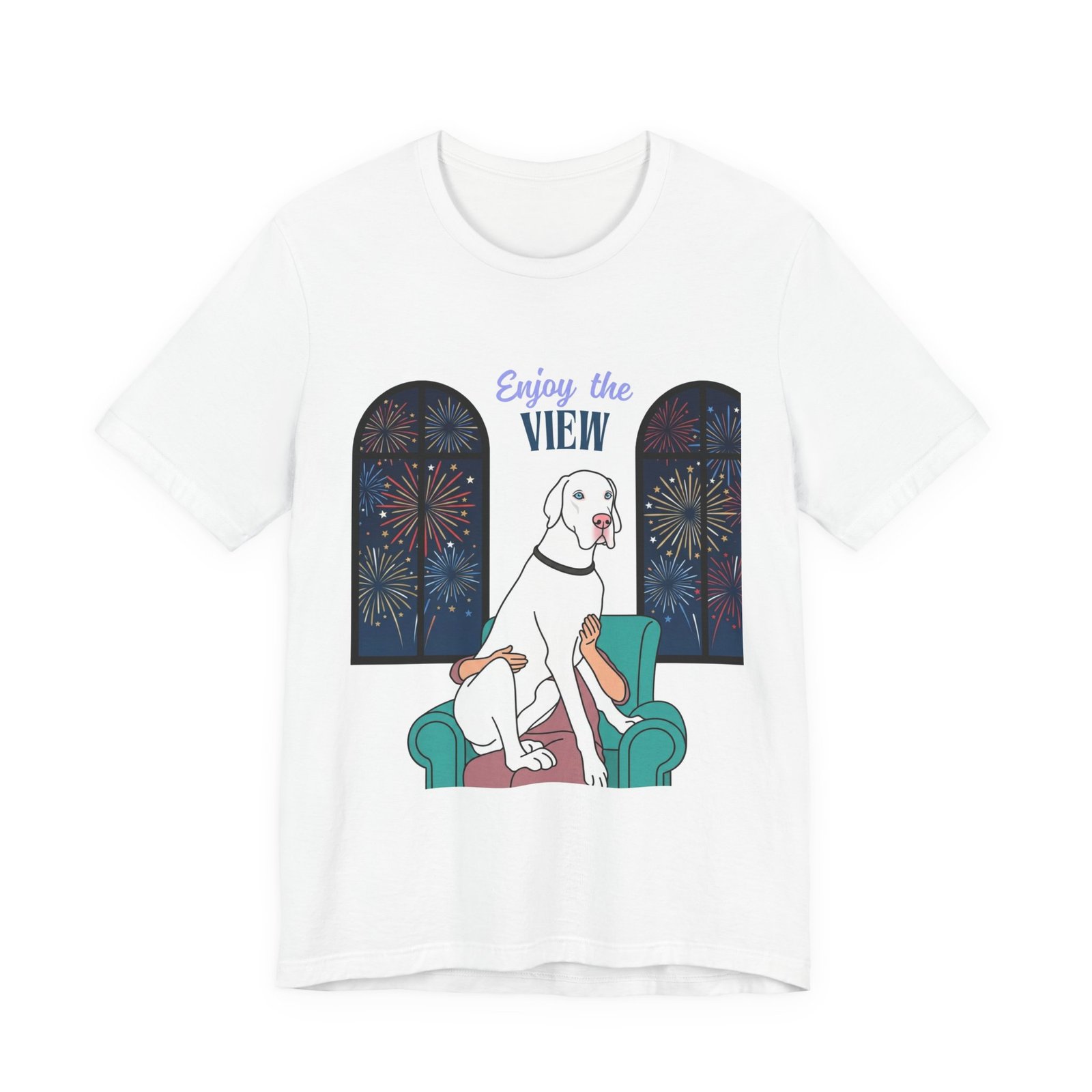 White with Blue Eyes Great Dane Enjoy the View T-Shirt — Dog Watching Fireworks Graphic Tee - Image 17