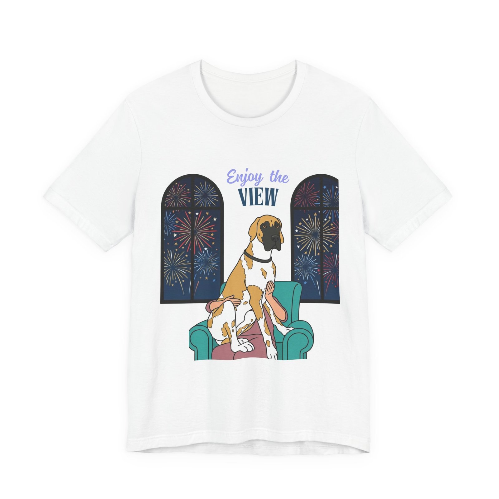 Fawnequin Great Dane Enjoy the View T-Shirt — Dog Watching Fireworks Graphic Tee - Image 17