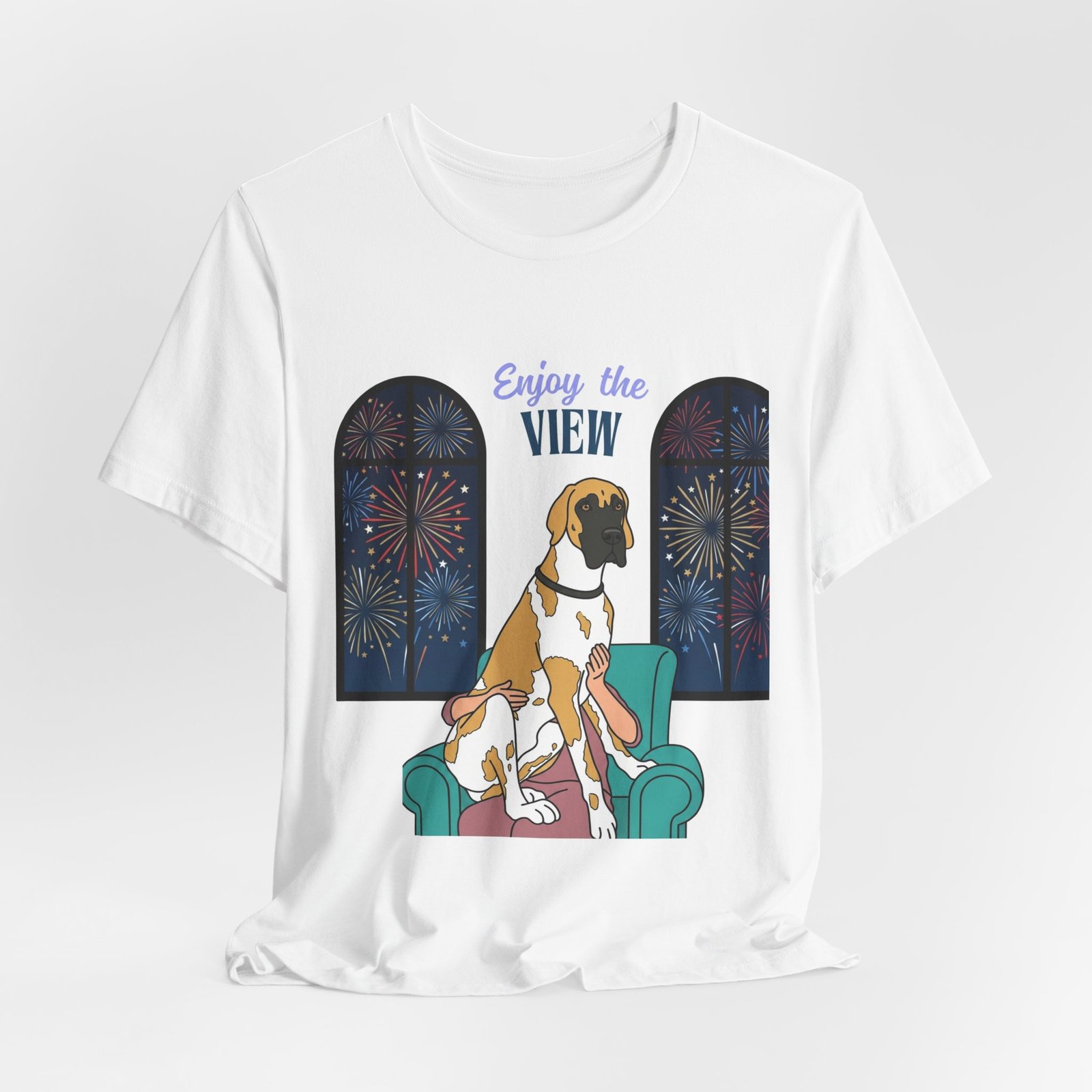 Fawnequin Great Dane Enjoy the View T-Shirt — Dog Watching Fireworks Graphic Tee - Image 20