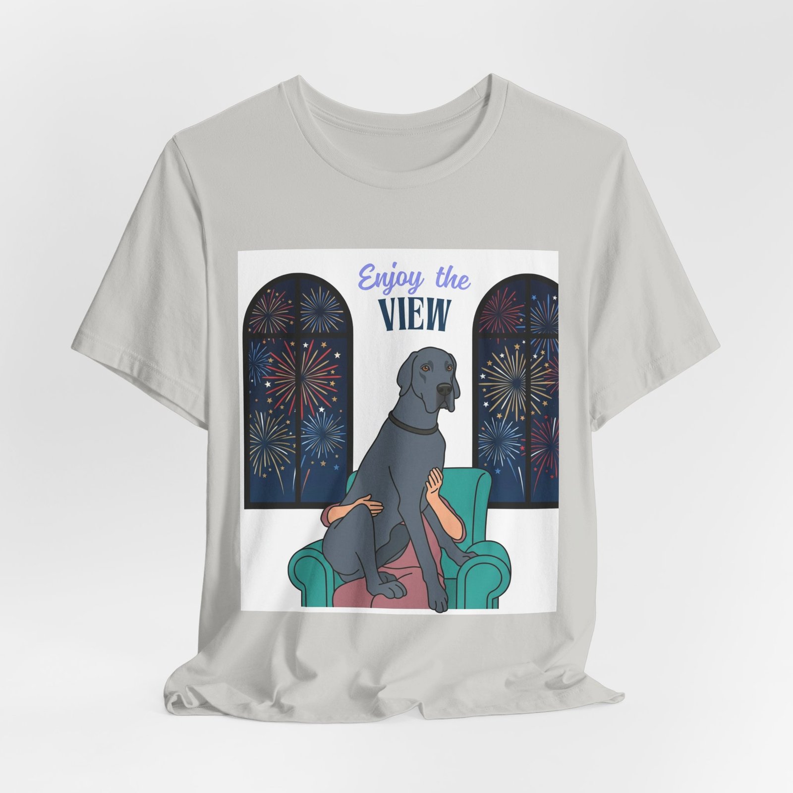 Blue Great Dane Enjoy the View T-Shirt — Dog Watching Fireworks Graphic Tee - Image 19