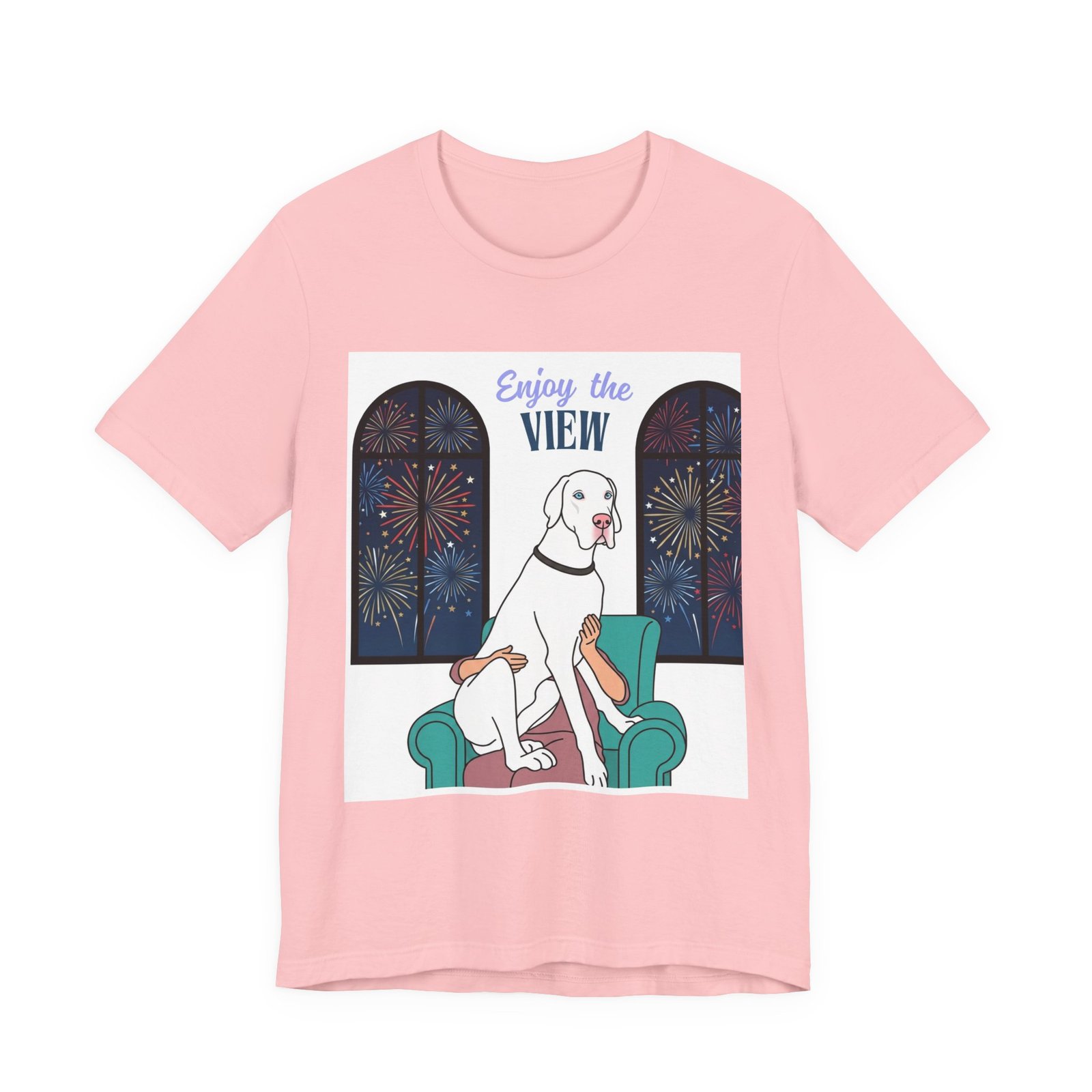 White with Blue Eyes Great Dane Enjoy the View T-Shirt — Dog Watching Fireworks Graphic Tee - Image 61