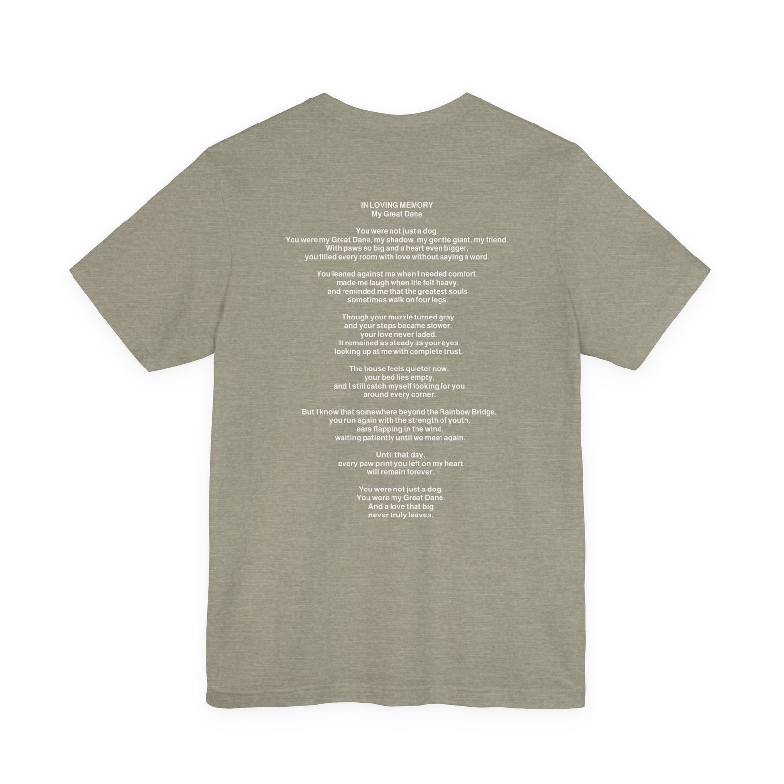 Unisex Fawnequin Great Dane with White Chest Snip Great Dane Rainbow Bridge Lyric Back-Print Tee — 'Beloved Memory' Poem Shirt - Image 36