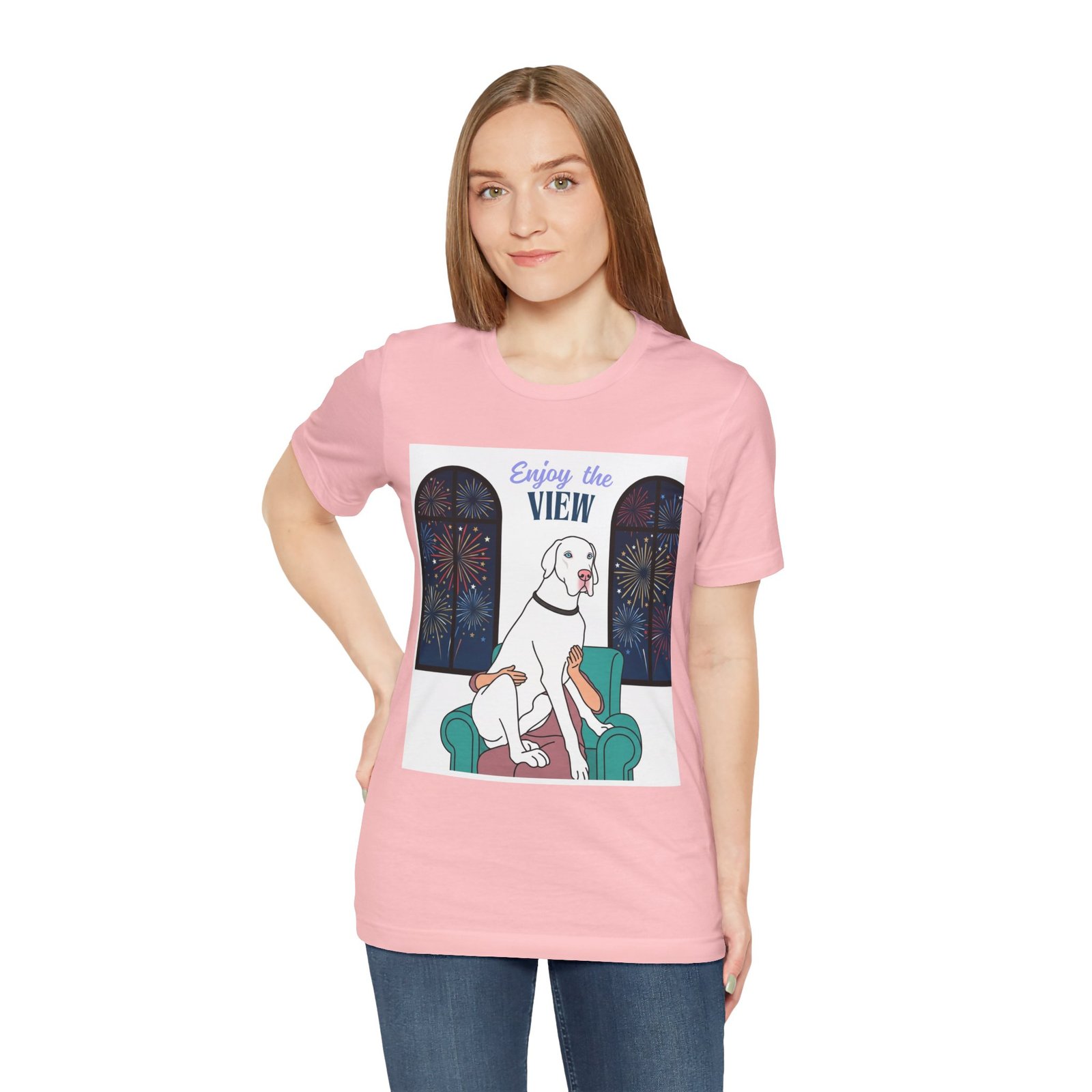 White with Blue Eyes Great Dane Enjoy the View T-Shirt — Dog Watching Fireworks Graphic Tee - Image 65