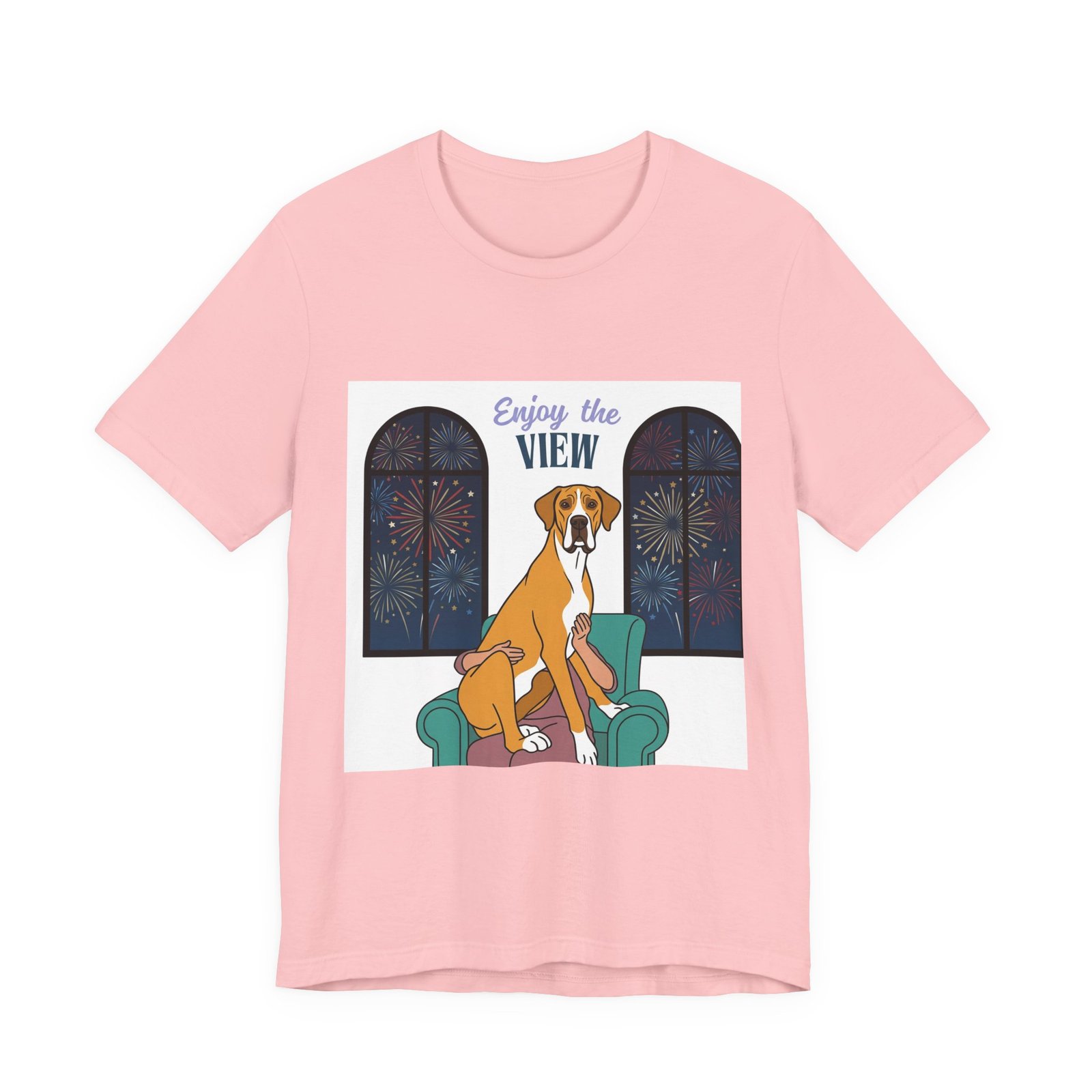 Fawn Mantle Great Dane Enjoy the View T-Shirt — Dog Watching Fireworks Graphic Tee - Image 61