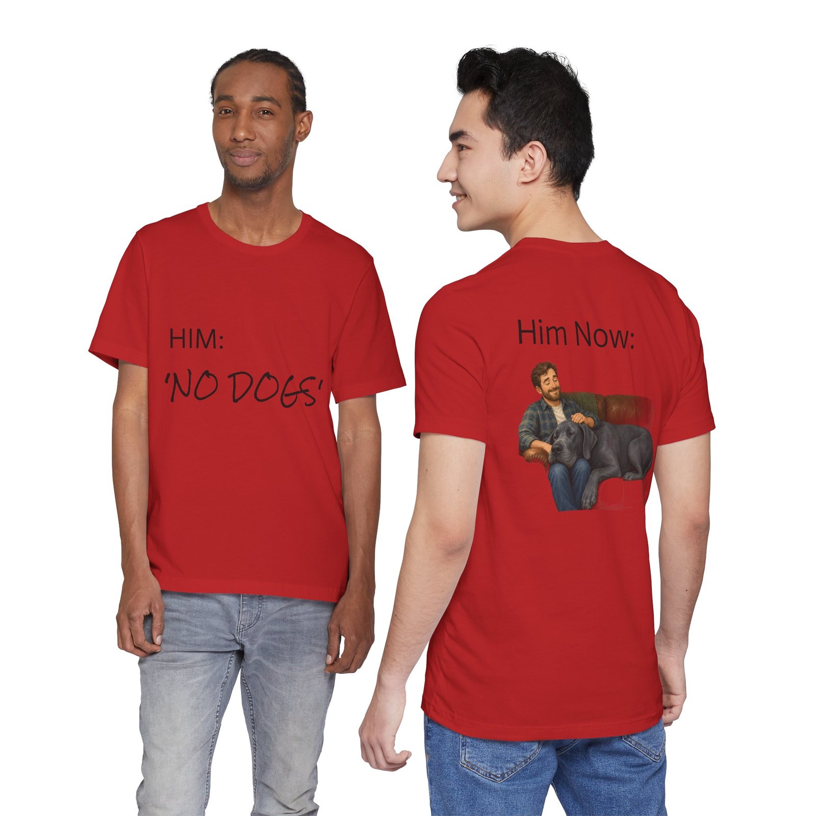 Blue Great Dane T-Shirt — "NO DOGS" Script Front with Man and Dog on Couch Graphic - Image 51