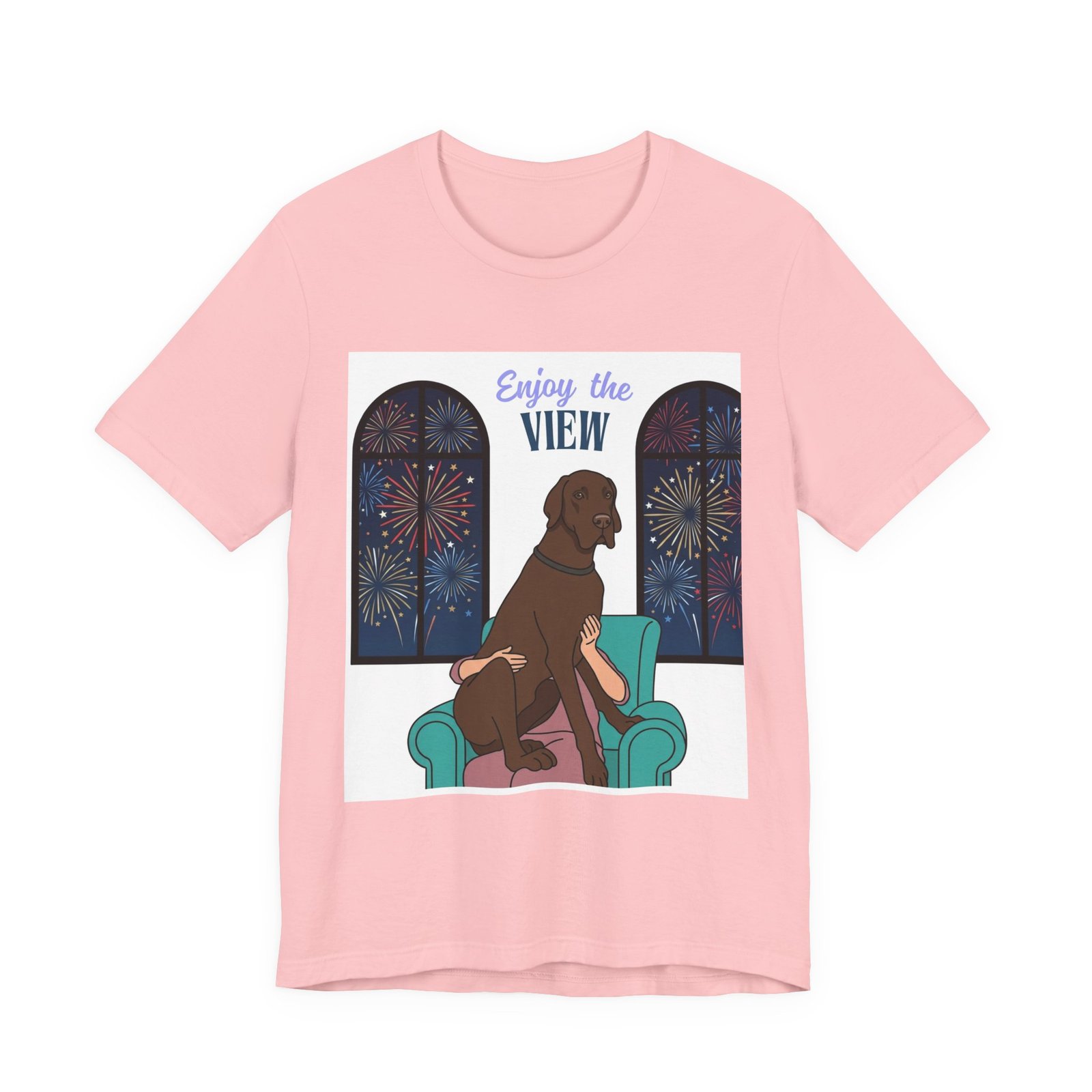 Chocolate Great Dane Enjoy the View T-Shirt — Dog Watching Fireworks Graphic Tee - Image 61