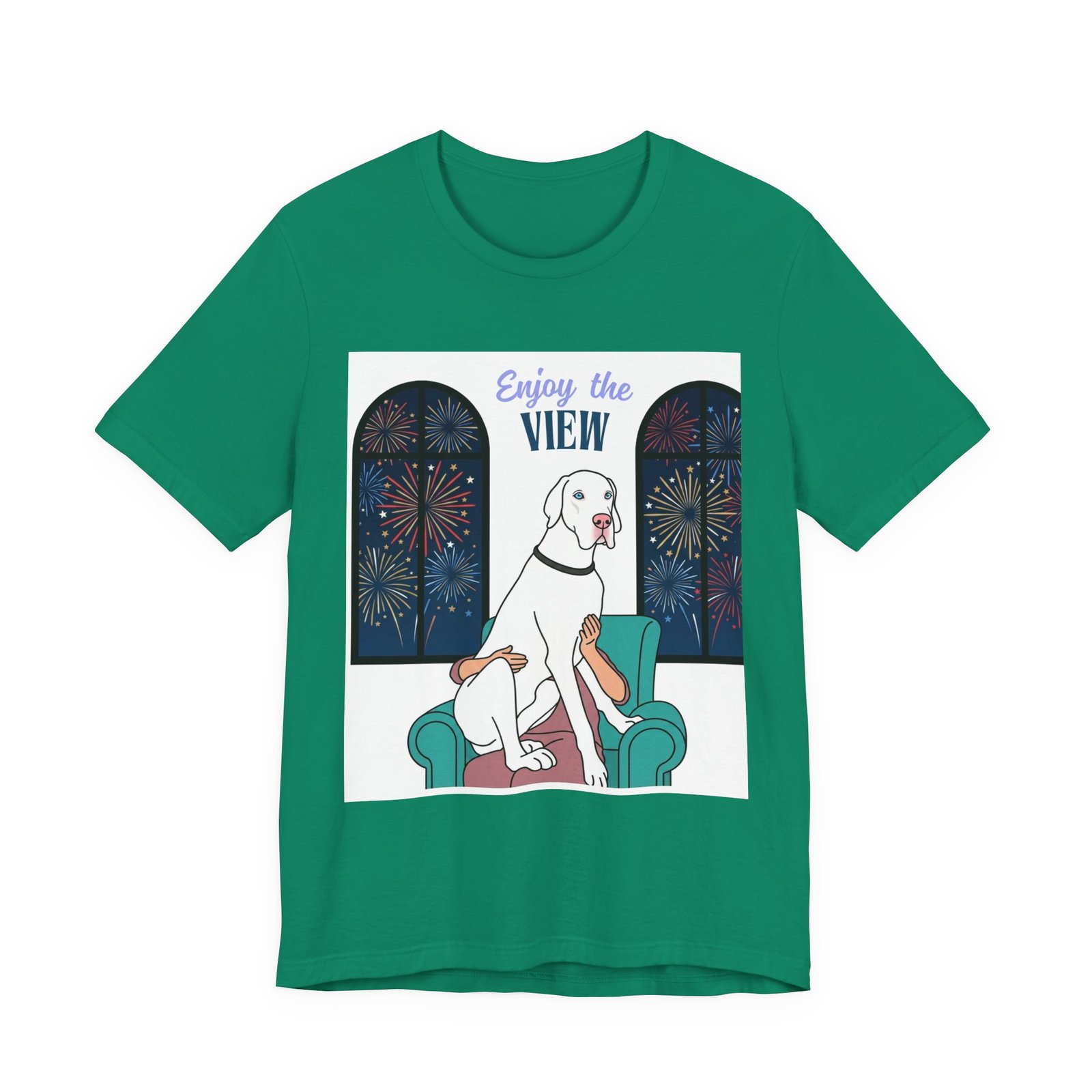 White with Blue Eyes Great Dane Enjoy the View T-Shirt — Dog Watching Fireworks Graphic Tee - Image 31