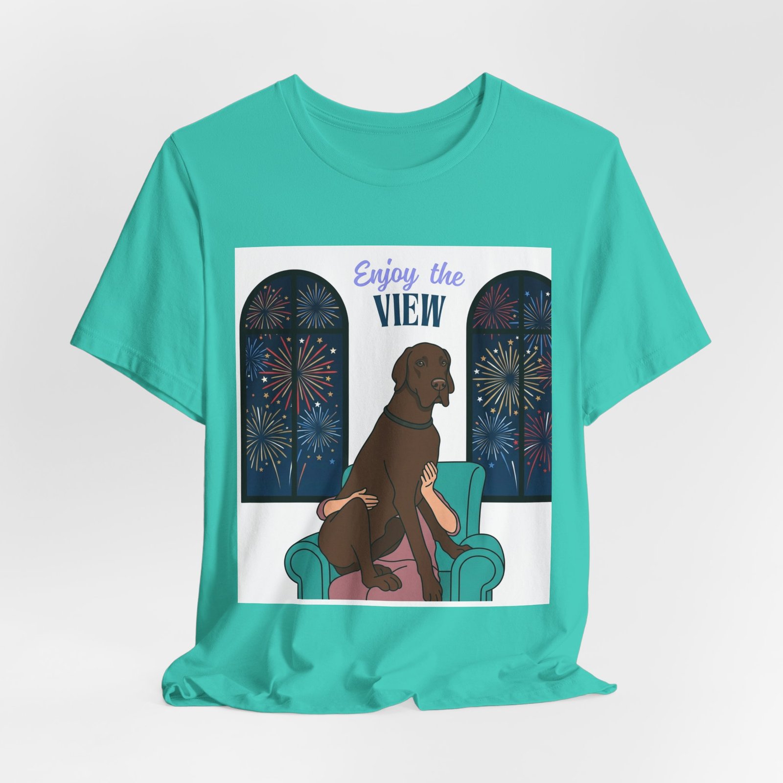 Chocolate Great Dane Enjoy the View T-Shirt — Dog Watching Fireworks Graphic Tee - Image 24