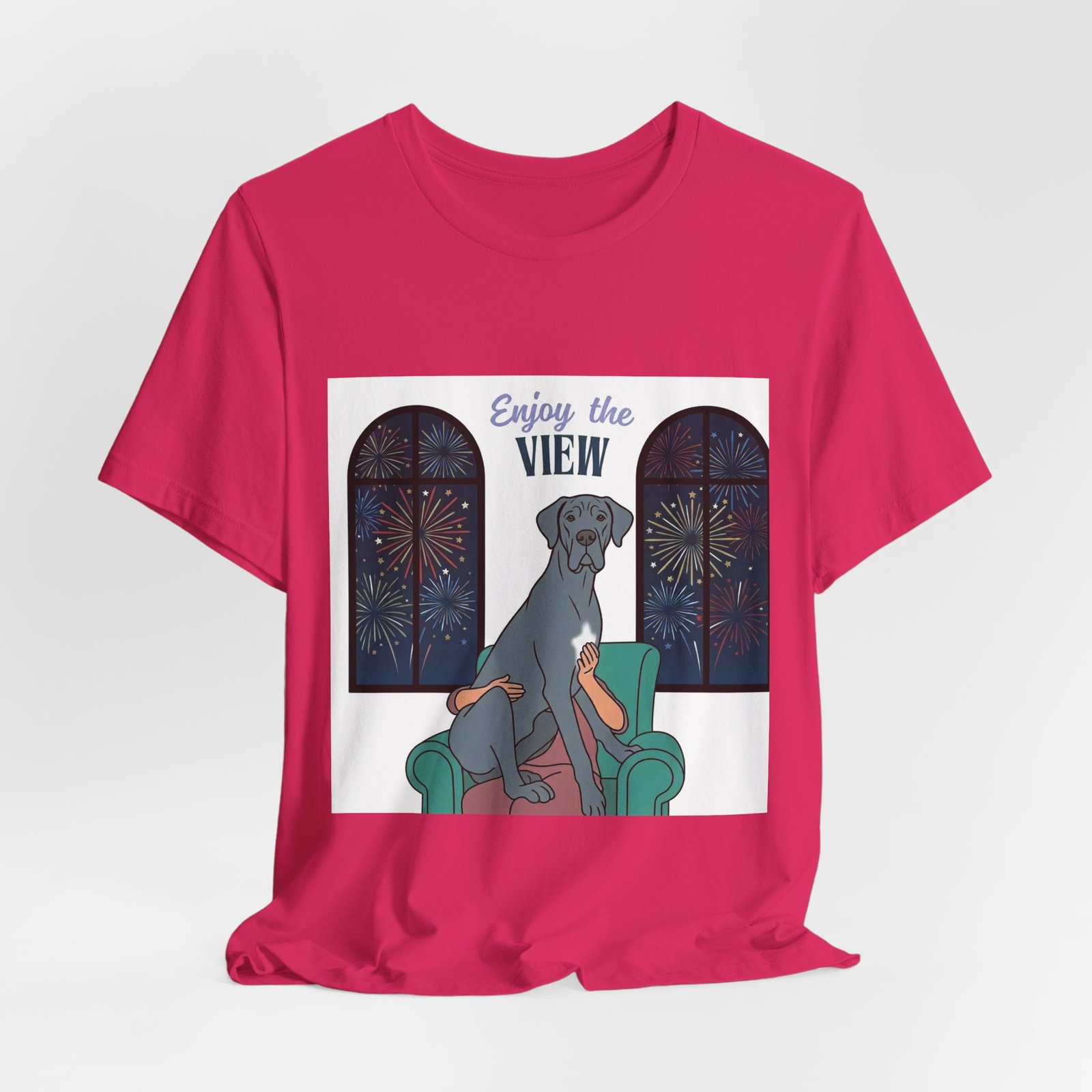 Blue with white chest marking Great Dane Enjoy the View T-Shirt — Dog Watching Fireworks Graphic Tee - Image 59