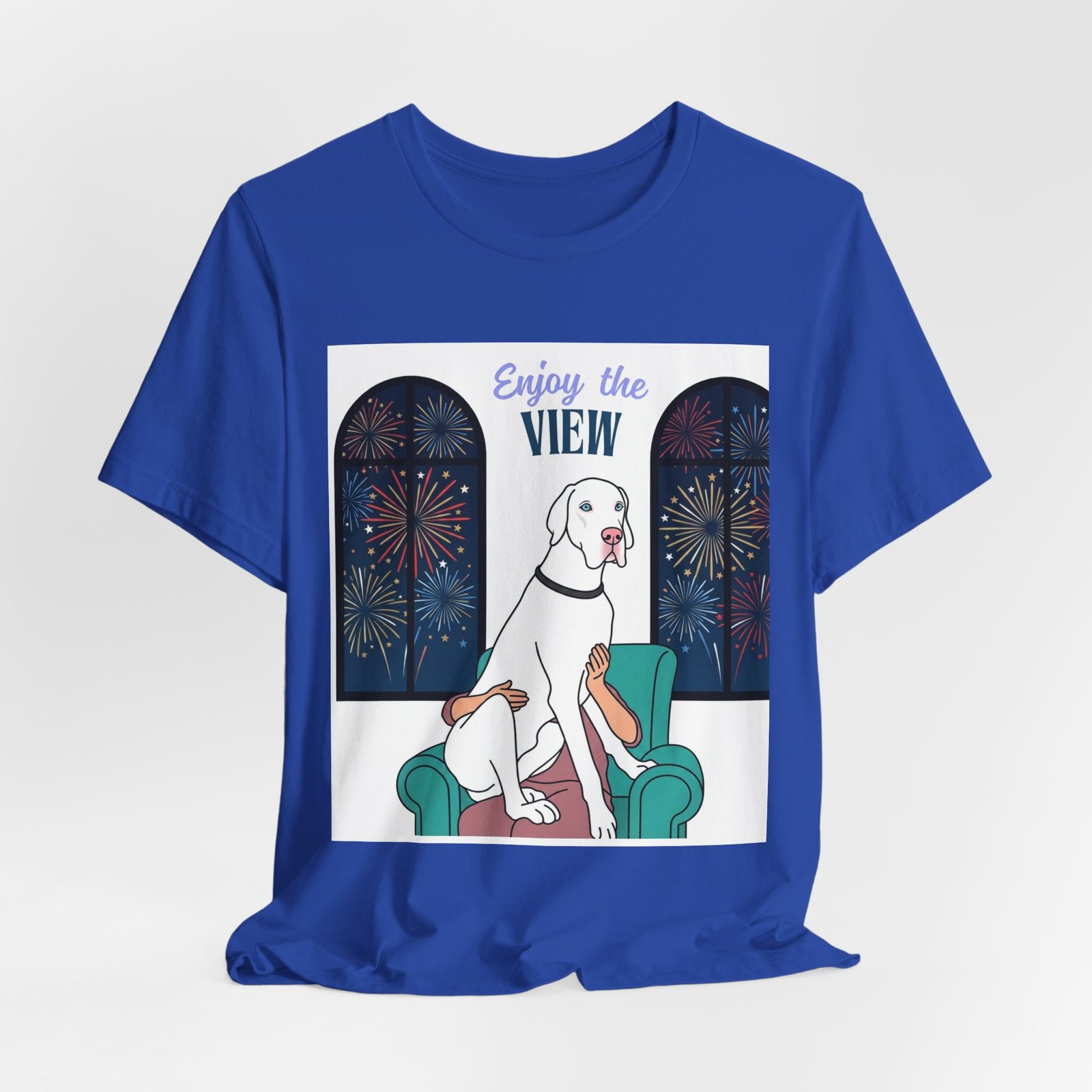 White with Blue Eyes Great Dane Enjoy the View T-Shirt — Dog Watching Fireworks Graphic Tee - Image 44