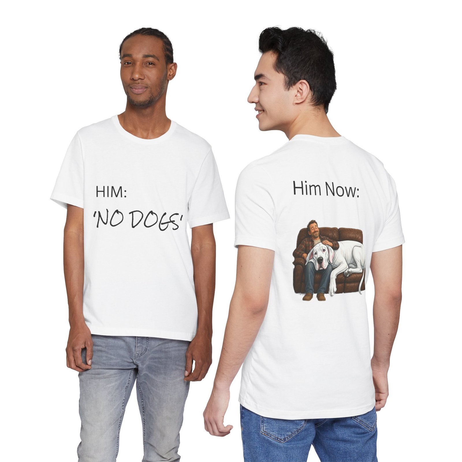 White Great Dane T-Shirt — "NO DOGS" Script Front with Man and Dog on Couch Graphic - Image 11