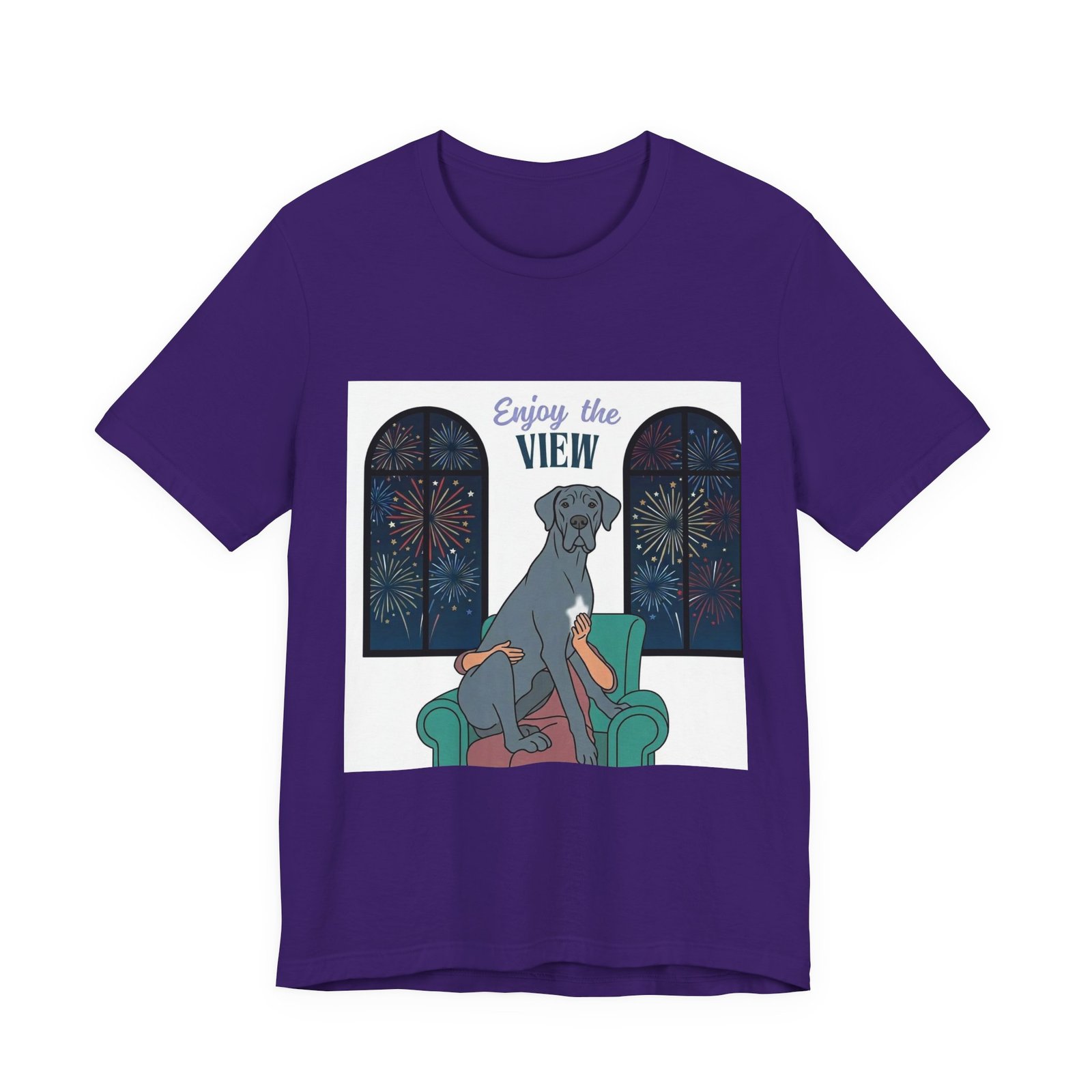 Blue with white chest marking Great Dane Enjoy the View T-Shirt — Dog Watching Fireworks Graphic Tee - Image 46