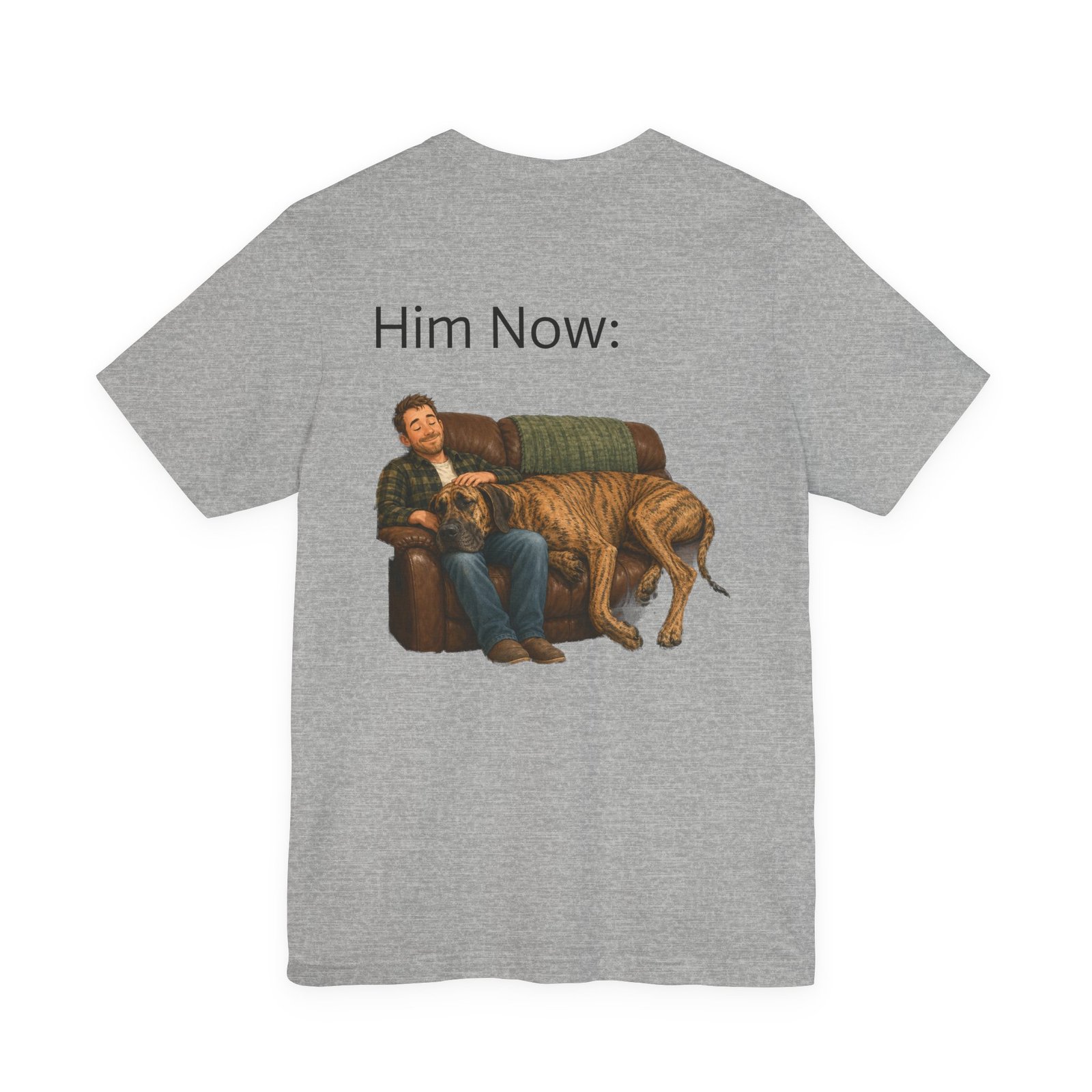Brindle Great Dane T-Shirt — "NO DOGS" Script Front with Man and Dog on Couch Graphic - Image 32