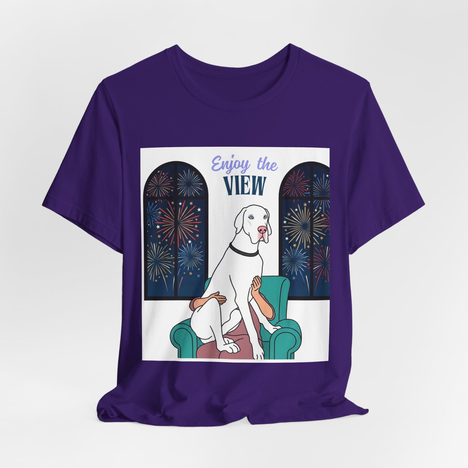 White with Blue Eyes Great Dane Enjoy the View T-Shirt — Dog Watching Fireworks Graphic Tee - Image 49