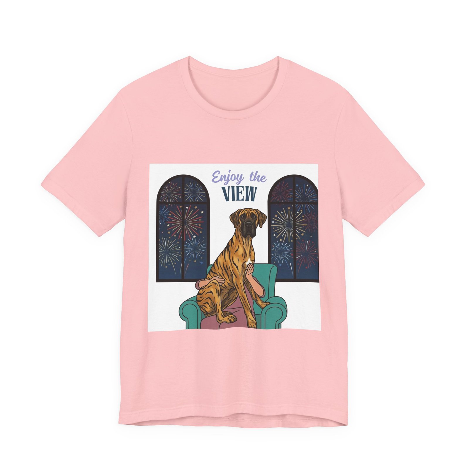 Brindle with white chest marking Great Dane Enjoy the View T-Shirt — Dog Watching Fireworks Graphic Tee - Image 61