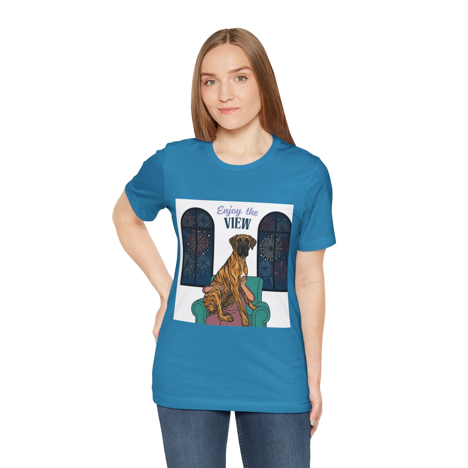 Brindle with white chest marking Great Dane Enjoy the View T-Shirt — Dog Watching Fireworks Graphic Tee - Image 6