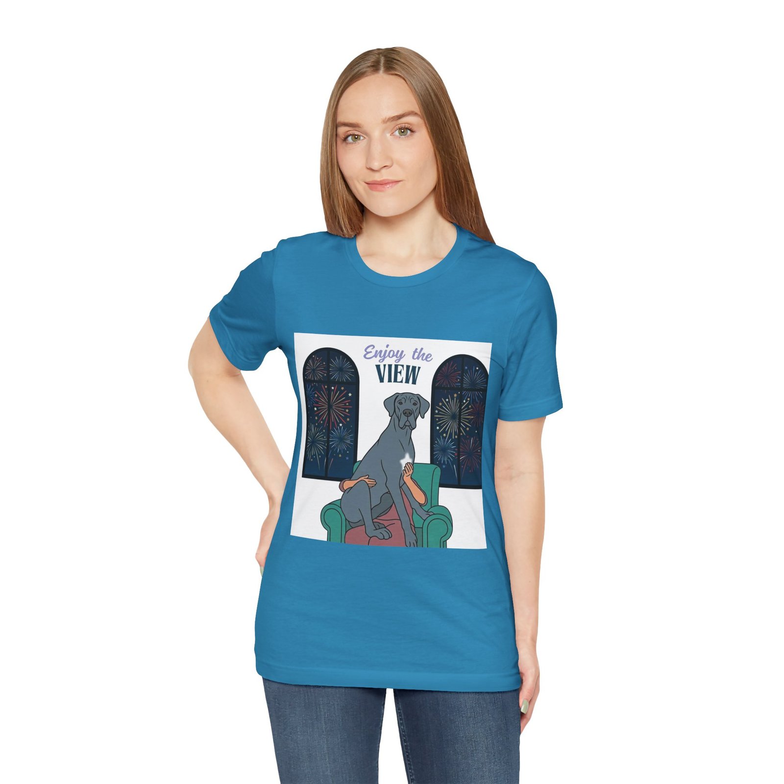 Blue with white chest marking Great Dane Enjoy the View T-Shirt — Dog Watching Fireworks Graphic Tee - Image 6
