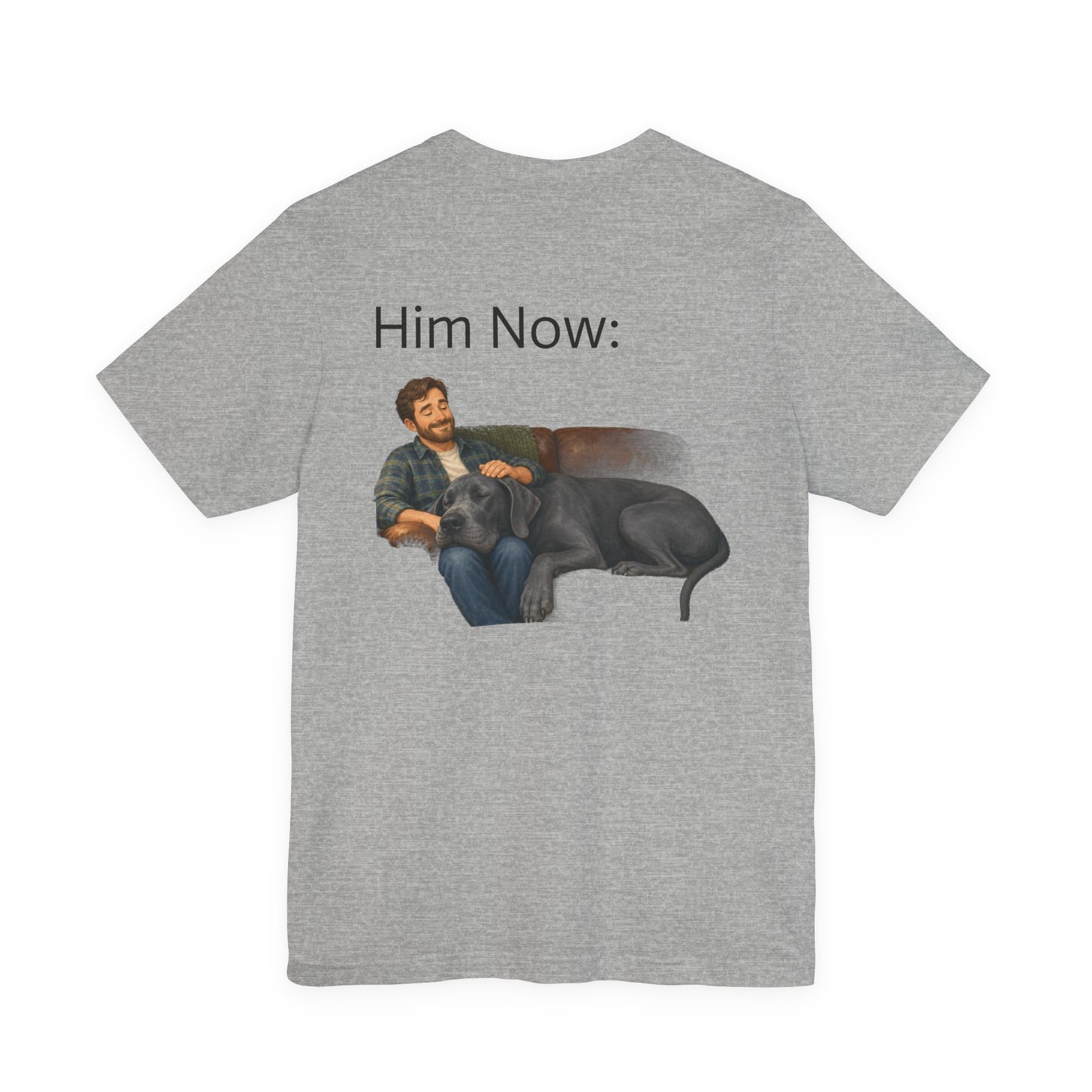 Blue Great Dane T-Shirt — "NO DOGS" Script Front with Man and Dog on Couch Graphic - Image 22