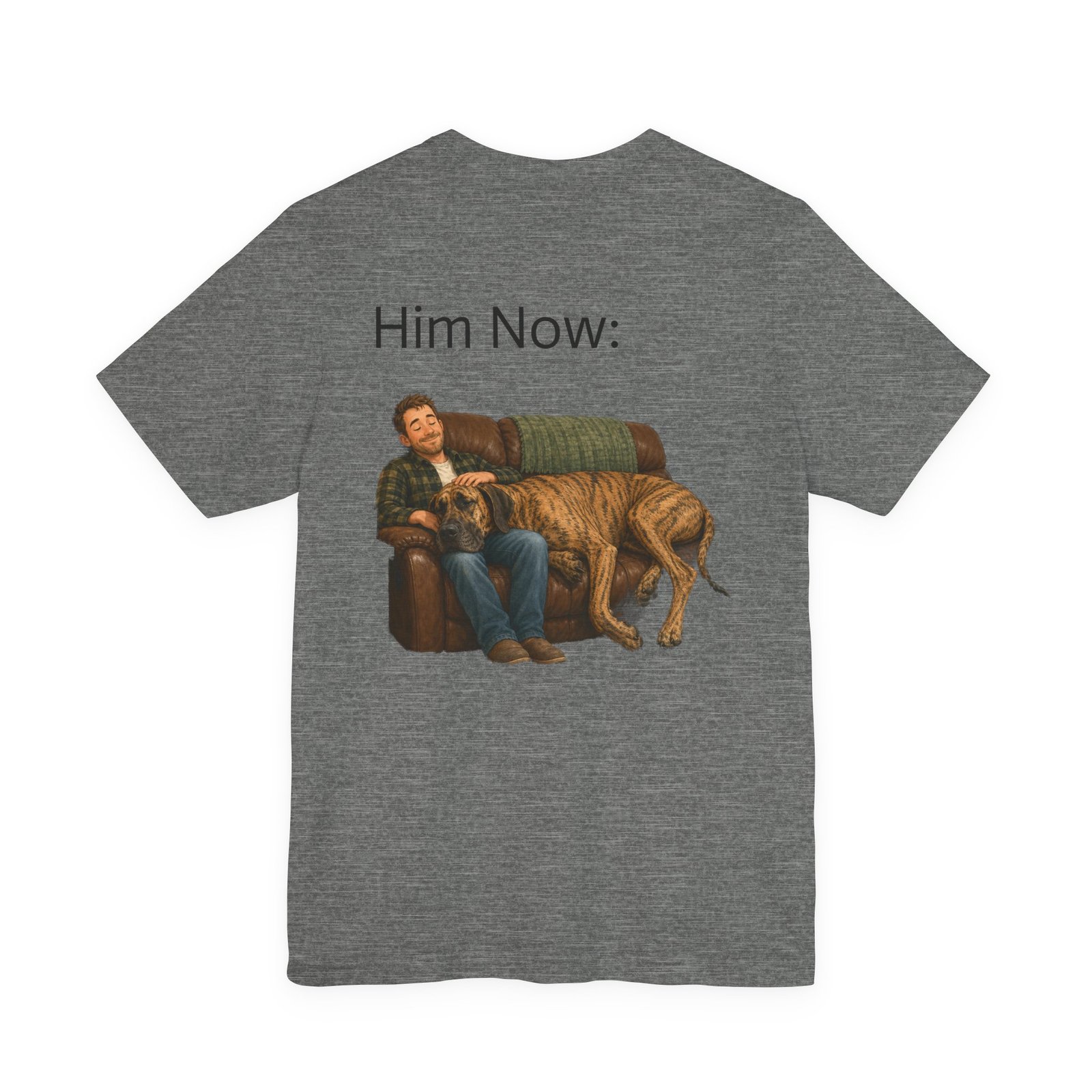 Brindle Great Dane T-Shirt — "NO DOGS" Script Front with Man and Dog on Couch Graphic - Image 22