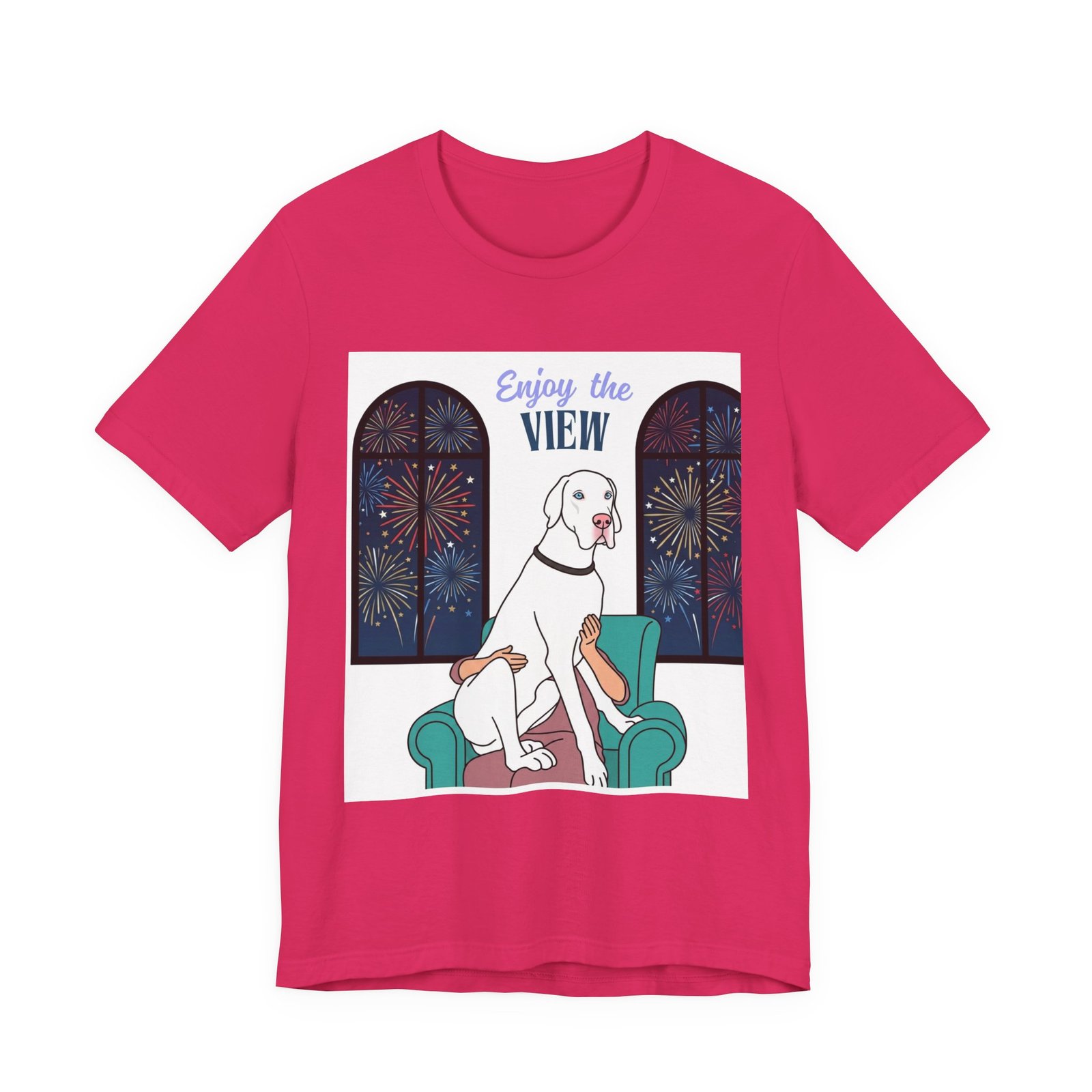 White with Blue Eyes Great Dane Enjoy the View T-Shirt — Dog Watching Fireworks Graphic Tee - Image 56