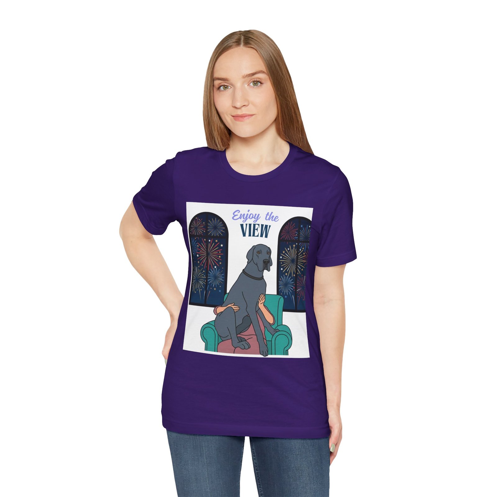 Blue Great Dane Enjoy the View T-Shirt — Dog Watching Fireworks Graphic Tee - Image 50