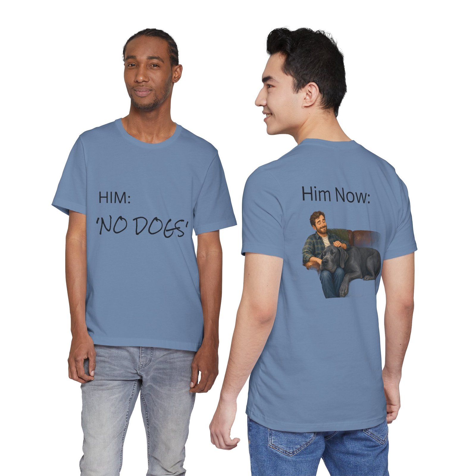 Blue Great Dane T-Shirt — "NO DOGS" Script Front with Man and Dog on Couch Graphic - Image 30