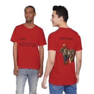 Merlequin Great Dane T-Shirt — "NO DOGS" Script Front with Man and Dog on Couch Graphic