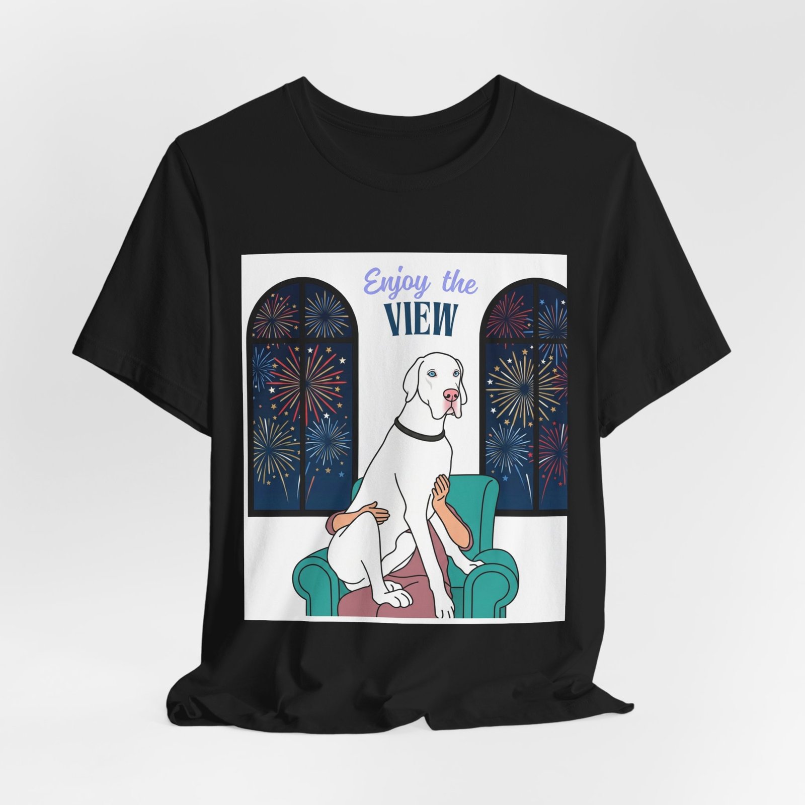 White with Blue Eyes Great Dane Enjoy the View T-Shirt — Dog Watching Fireworks Graphic Tee - Image 15