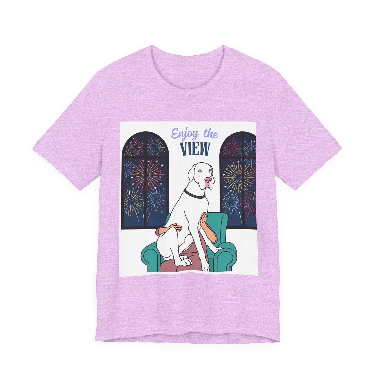 White with Blue Eyes Great Dane Enjoy the View T-Shirt — Dog Watching Fireworks Graphic Tee - Image 51
