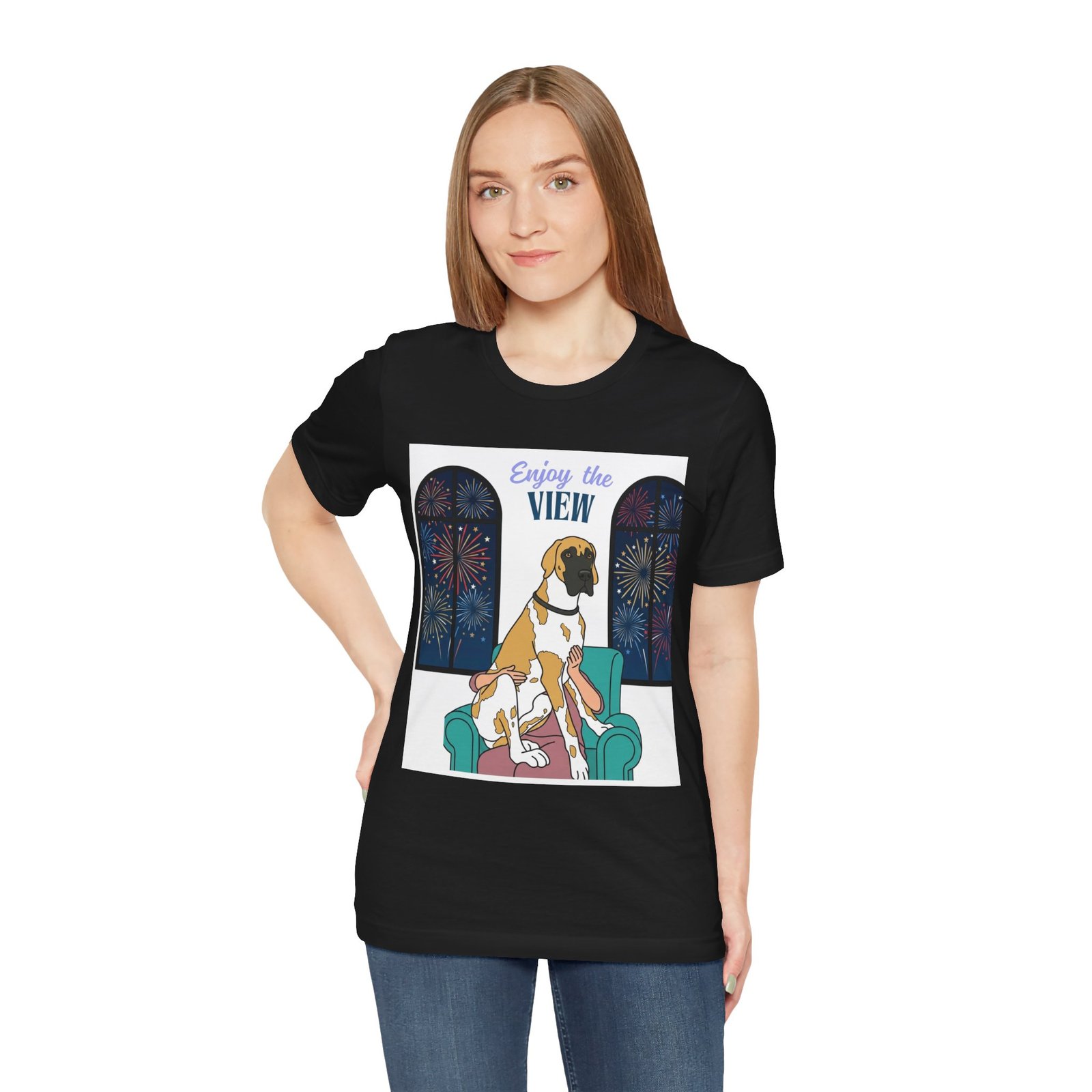 Fawnequin Great Dane Enjoy the View T-Shirt — Dog Watching Fireworks Graphic Tee - Image 11