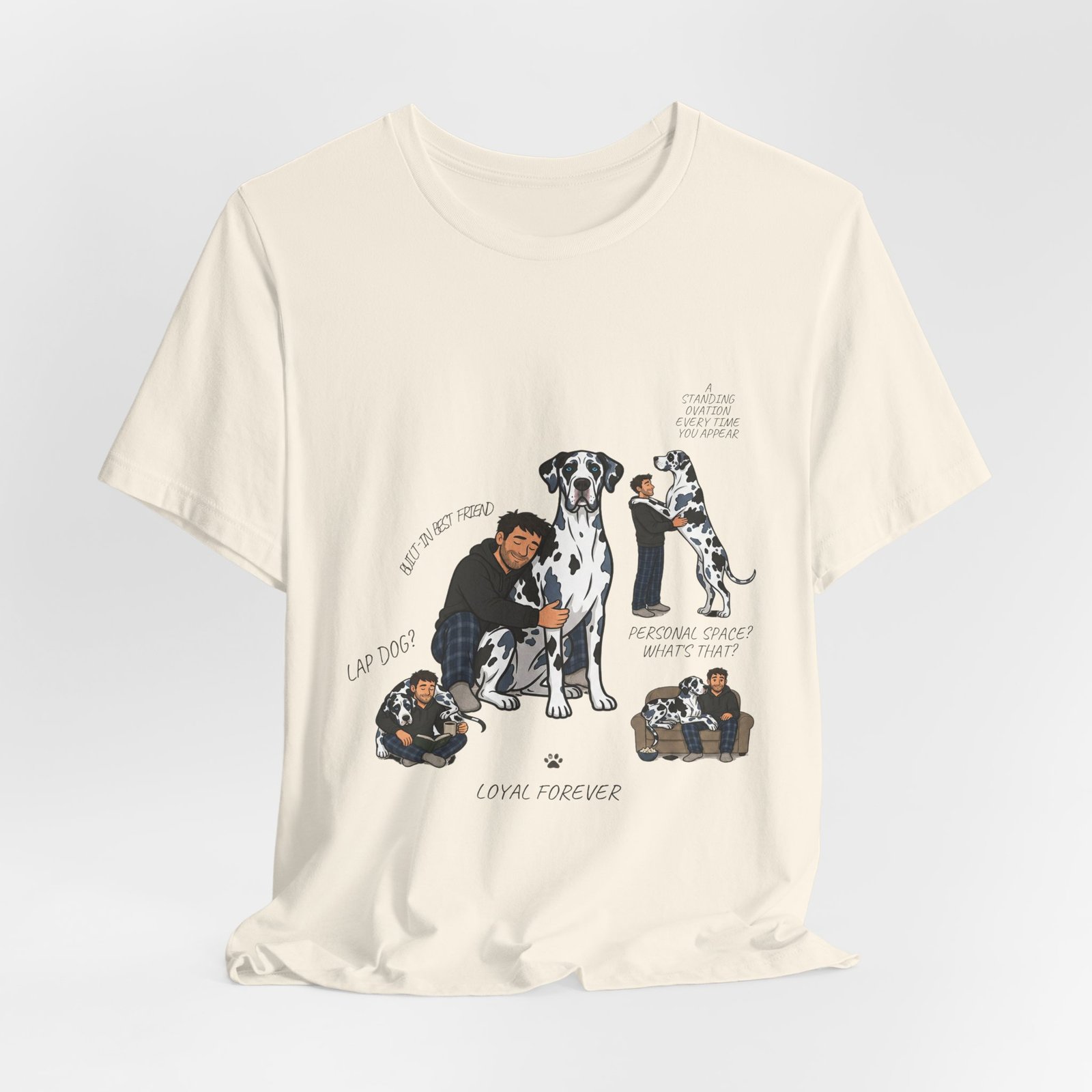 Blue and Black Merlequin with blue eyes Great Danes Illustrated Tee — "Men + Great Danes" Graphic T-Shirt - Image 15