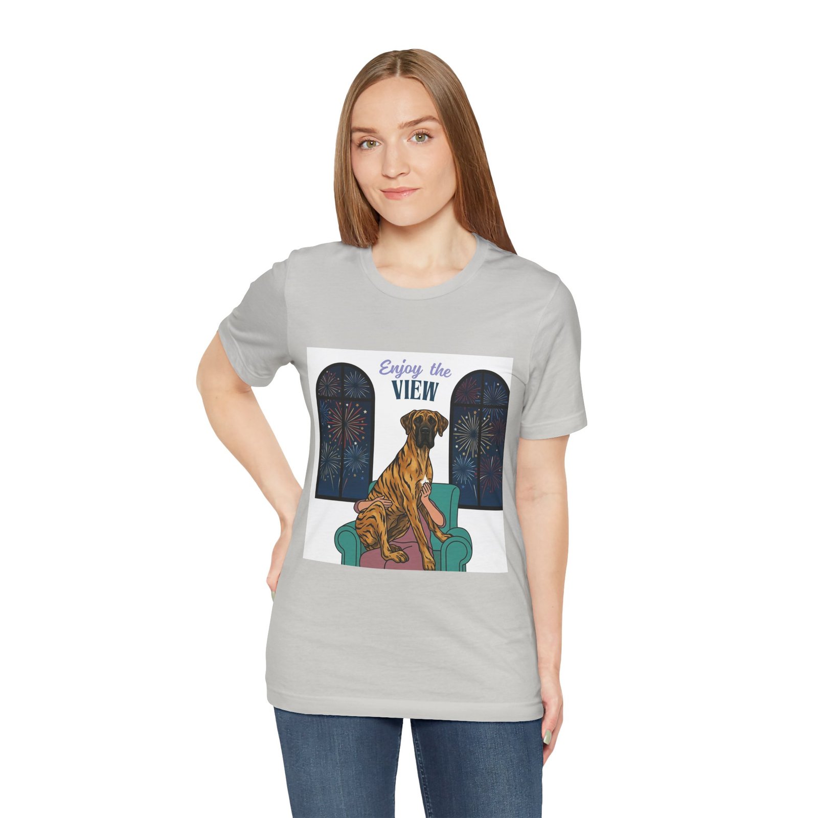 Brindle with white chest marking Great Dane Enjoy the View T-Shirt — Dog Watching Fireworks Graphic Tee - Image 25
