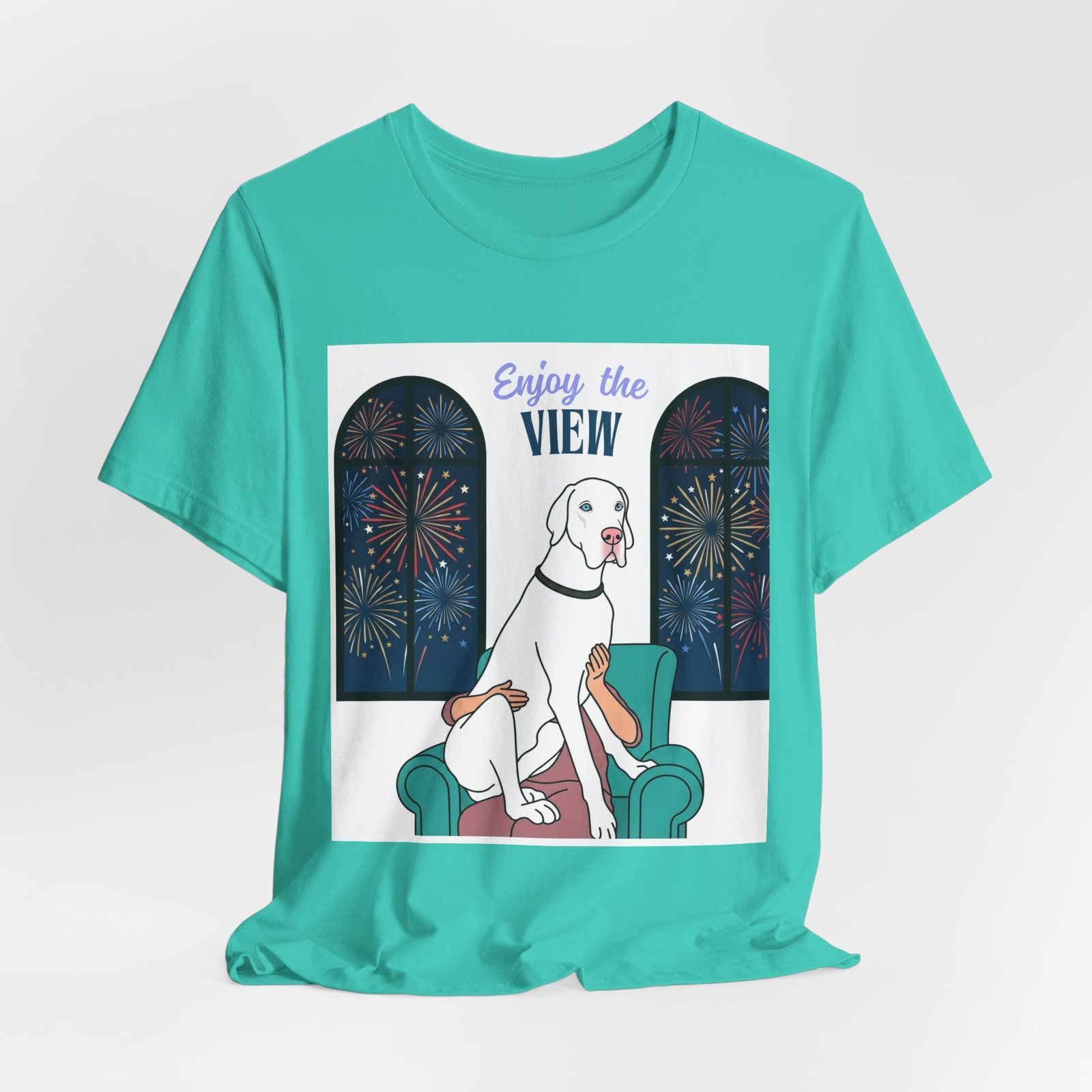White with Blue Eyes Great Dane Enjoy the View T-Shirt — Dog Watching Fireworks Graphic Tee - Image 29