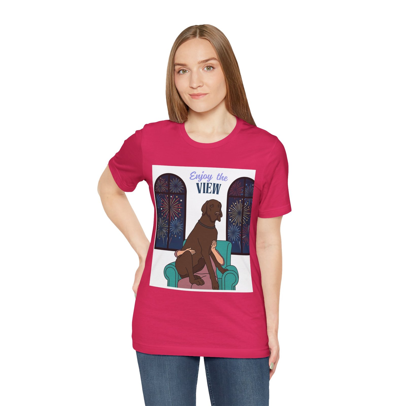 Chocolate Great Dane Enjoy the View T-Shirt — Dog Watching Fireworks Graphic Tee - Image 60