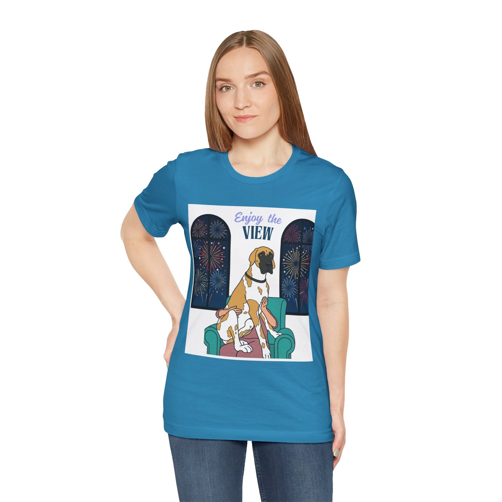 Fawnequin Great Dane Enjoy the View T-Shirt — Dog Watching Fireworks Graphic Tee - Image 6