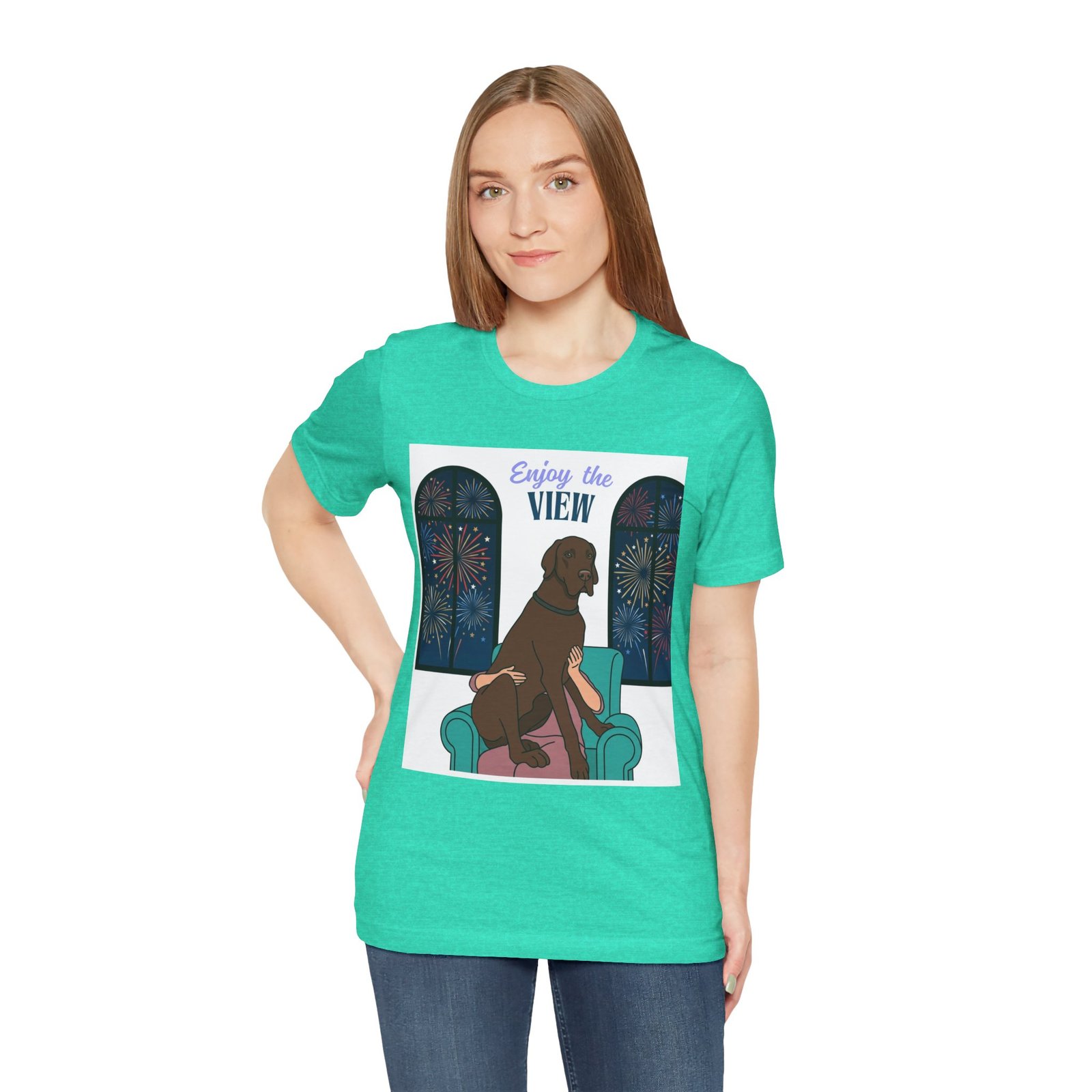 Chocolate Great Dane Enjoy the View T-Shirt — Dog Watching Fireworks Graphic Tee - Image 35