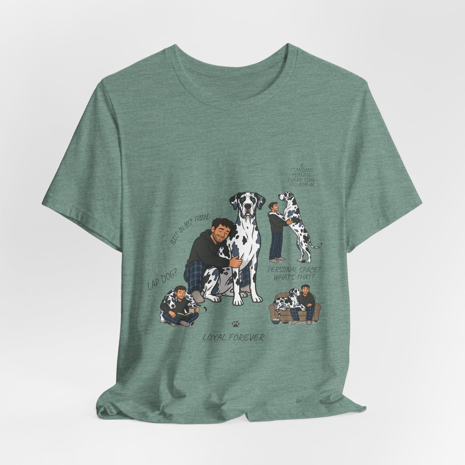 Blue and Black Merlequin with blue eyes Great Danes Illustrated Tee — "Men + Great Danes" Graphic T-Shirt - Image 39