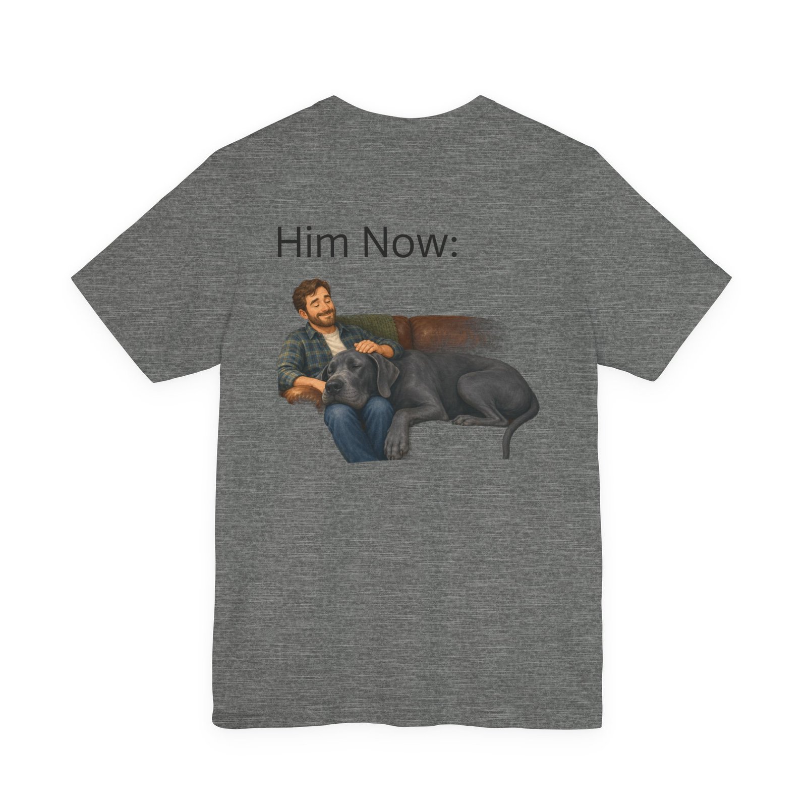 Blue Great Dane T-Shirt — "NO DOGS" Script Front with Man and Dog on Couch Graphic - Image 12